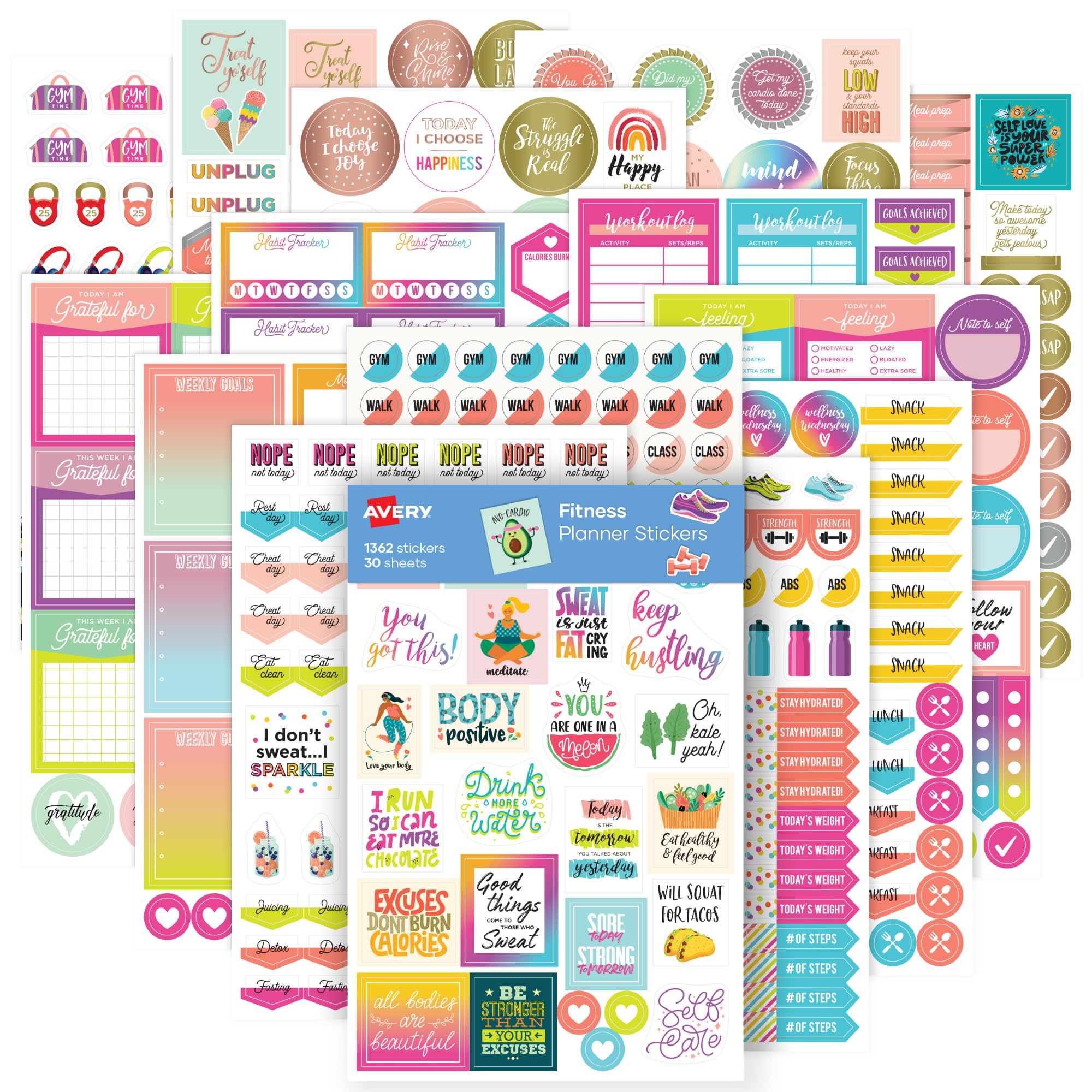 Avery Fitness Planner Stickers Pack - 1,362 Health & Workout Stickers for Planners, Journals, Calendars | 30 Sheets Motivational Sticker Set (6787) | Perfect for Fitness Tracking, Goal Setting & Bullet Journaling