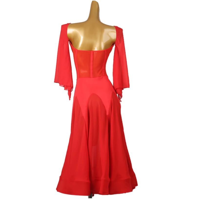 Elegant Women's Ballroom Dance Dress - V-Neck Mesh Waltz & Tango Performance Costume for Competition & Flamenco - Perfect for Latin, Standard, and Social Dancing Events