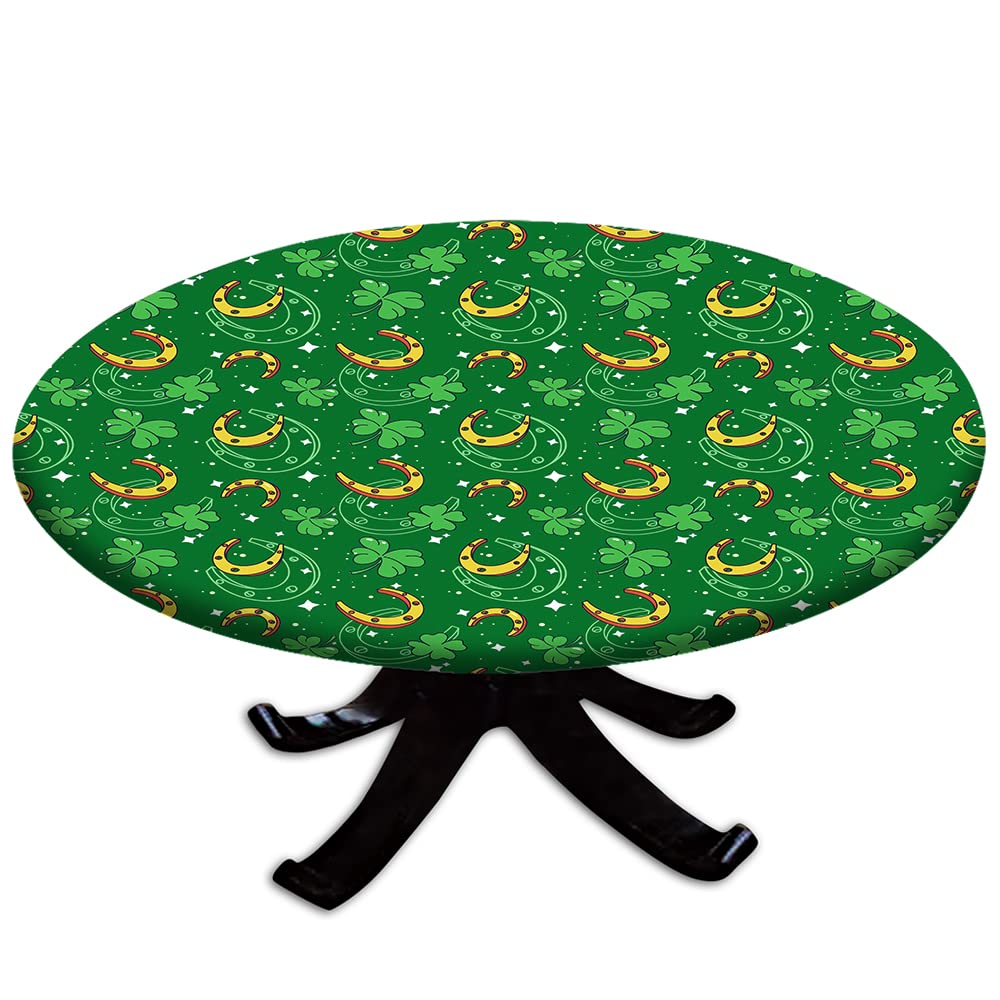 St. Patrick's Day Green Clover Elastic Edge Table Cover - 4 Leaf Wood Sorrel Fitted Round Tablecloth for 52-56 Inch Tables | Perfect for Outdoor Patio, Indoor Party & Dining Table Decor | Great for Irish Themed Celebrations, Restaurant Decorations & Holiday Gatherings