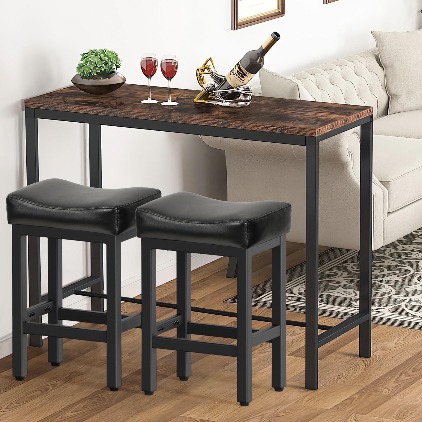 24 Inch Counter Height Bar Stools Set of 2 - Heavy Duty Metal Base Kitchen Island Stools with Thick Bonded Leather Saddle Seats, Easy Assembly in Gray/Black - Perfect for Breakfast Bars, Kitchen Islands & Home Bars
