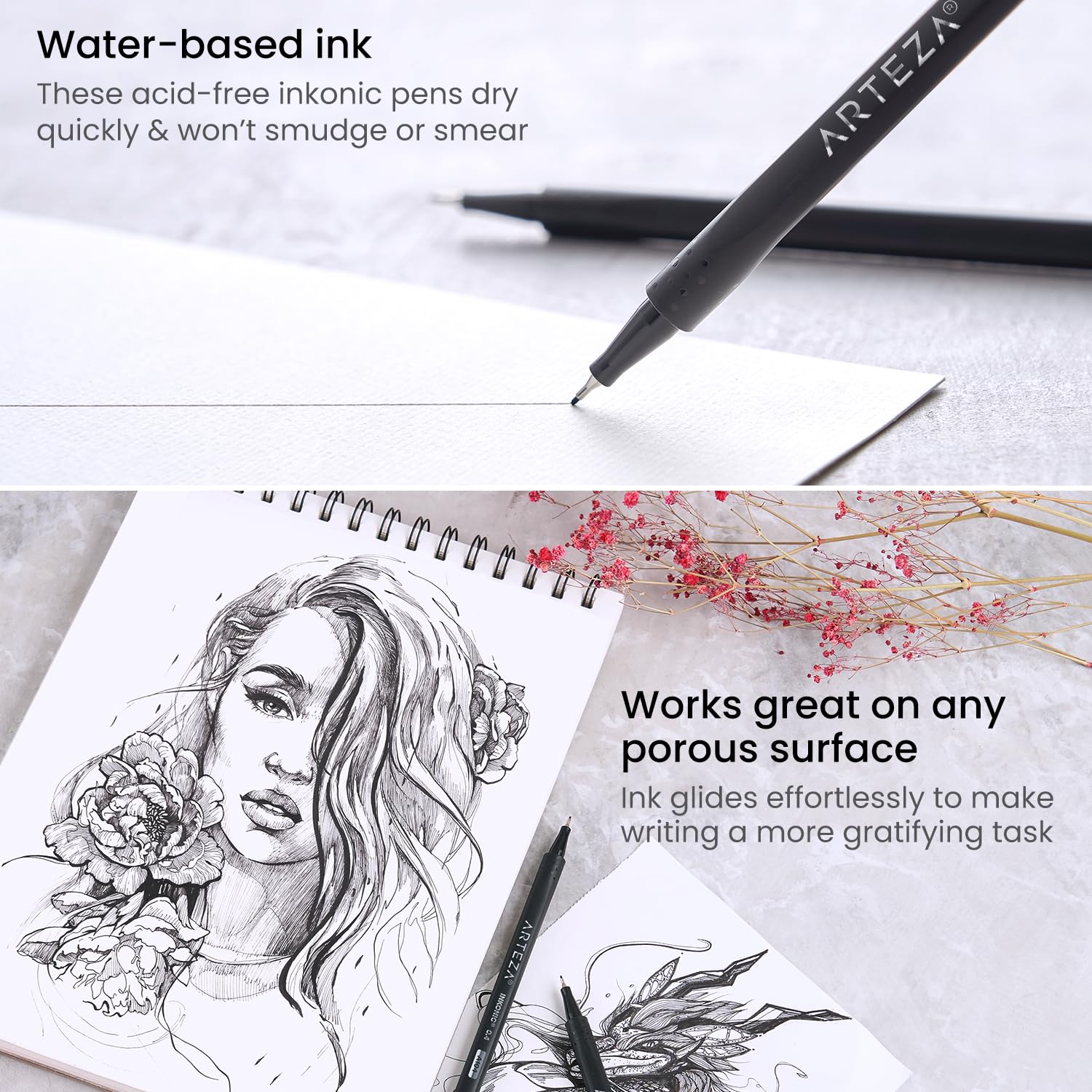 ARTEZA Black Ink Fineliner Pens Set of 12 - 0.4mm Fine Tip Water-Based Drawing Markers for Sketching, Journaling & Calligraphy | Perfect for Artists, Bullet Journaling & Hand Lettering