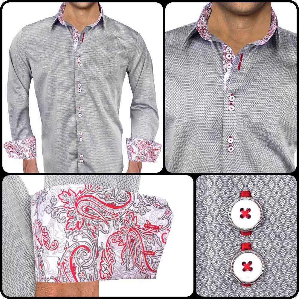 Premium Gray & Red Paisley Pattern Dress Shirts for Men | 100% Cotton Formal Business Attire | Made in USA | Perfect for Office, Weddings & Special Occasions