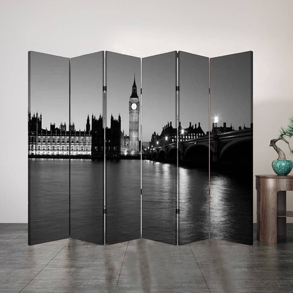 6 Panel Folding Privacy Screen - Houses of Parliament London England Canvas Room Divider for Home Office, Bathroom & Bedroom - Portable Partition Wall for Workspace & Personal Space
