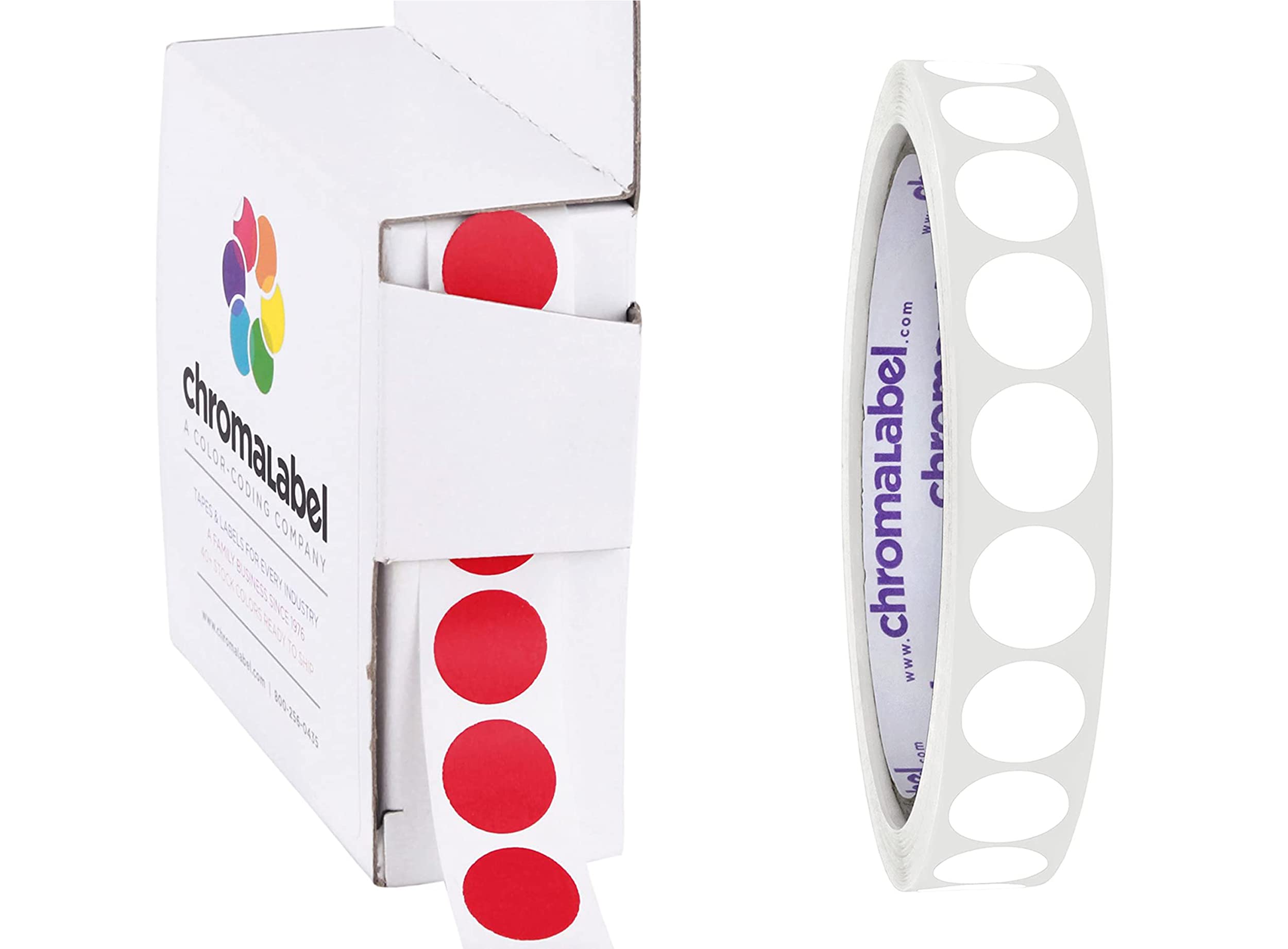 ChromaLabel 1/2 Inch Red & White Dot Stickers on Roll with Dispenser Box - Perfect for Organizing, Color Coding & Labeling in Offices, Warehouses & Retail Stores
