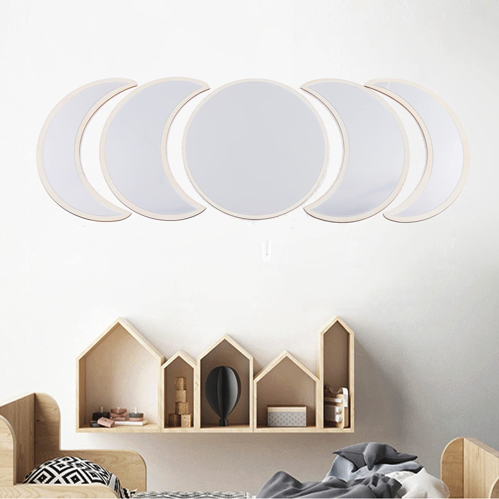 5Pcs Nordic Style Acrylic Moon Phase Wall Mirrors - Wooden Hanging Decorative Mirror Set for Bedroom, Living Room & Home Decor | Boho Chic Wall Art for Modern Interior Design