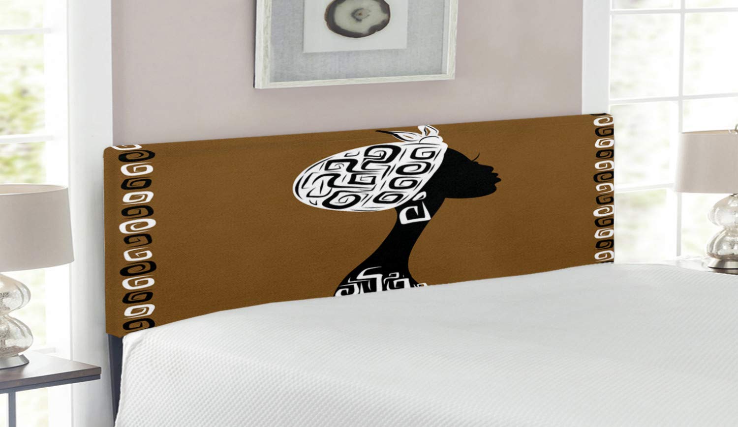 Ambesonne African Queen Size Headboard - Female Silhouette with Geometric Headscarf Design, Upholstered Decorative Metal Bed Frame with Memory Foam in Brown, White & Black | Perfect for Boho Bedroom Decor, Guest Room Accent or Cultural Themed Interior Design
