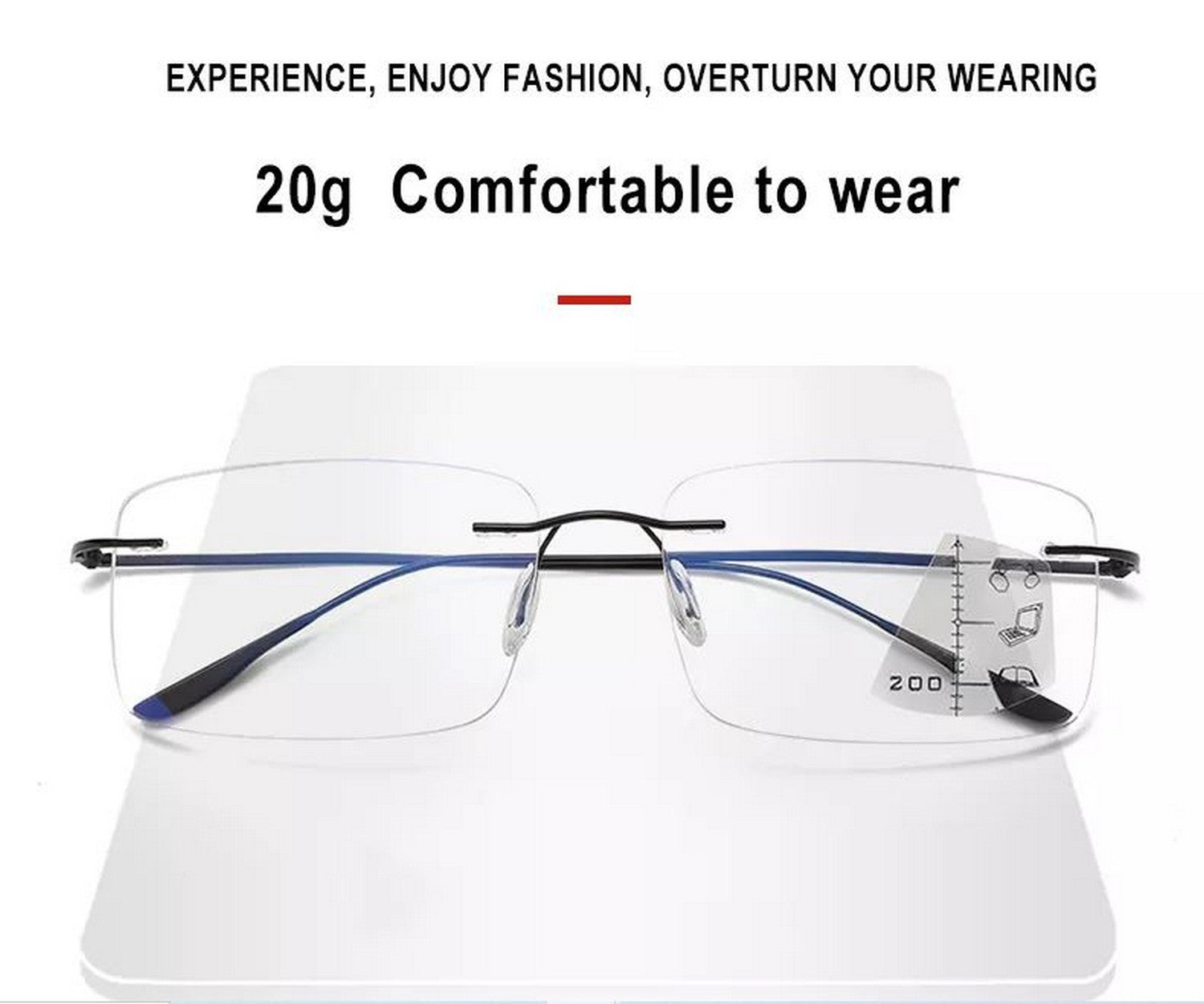 Ultralight Progressive Multifocal Blue Light Blocking Prescription Reading Glasses - Rimless Eyewear for Computer Work, Reading & Daily Use