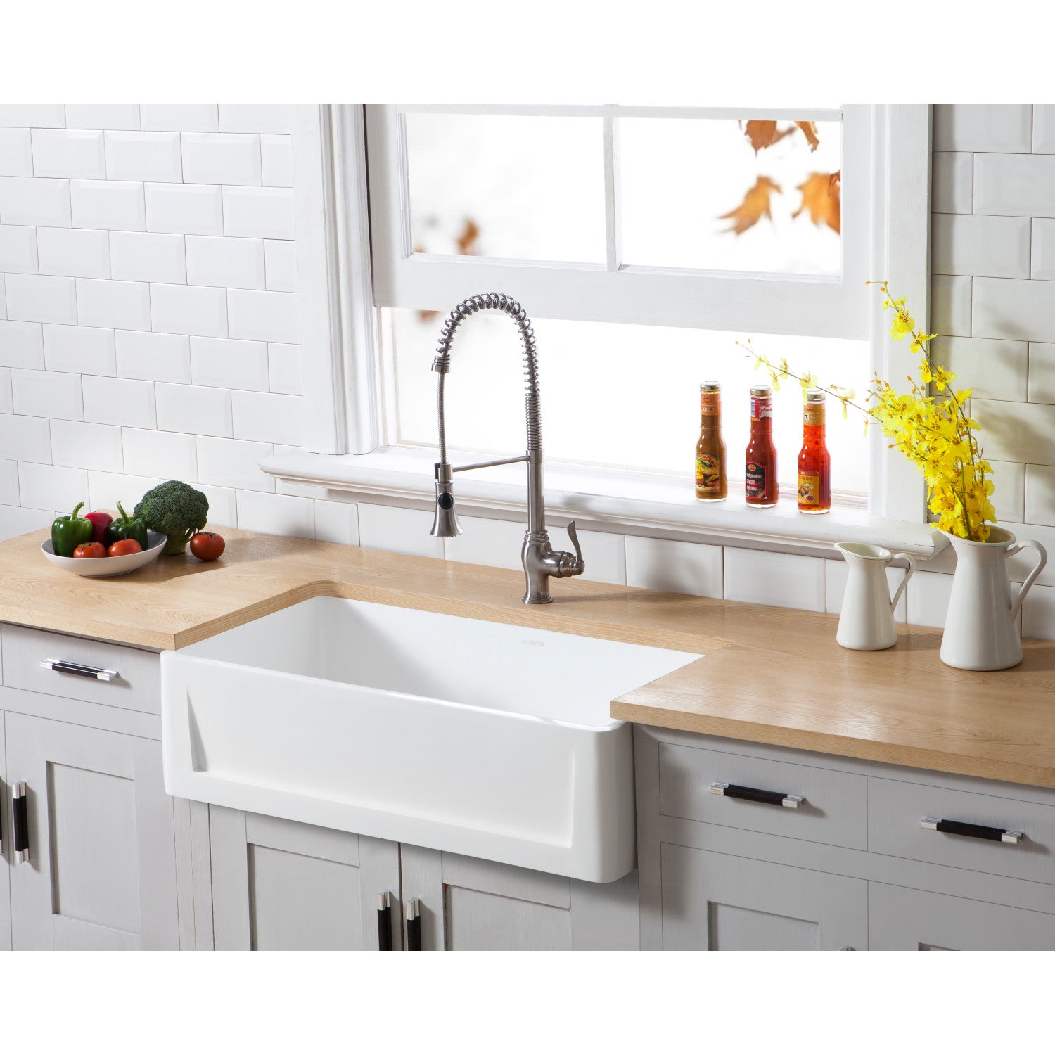 Arcticstone 36 Inch White Farmhouse Kitchen Sink - Solid Surface Apron Front Single Bowl with Strainer, Matte Finish - Perfect for Modern Farmhouse & Rustic Kitchen Designs