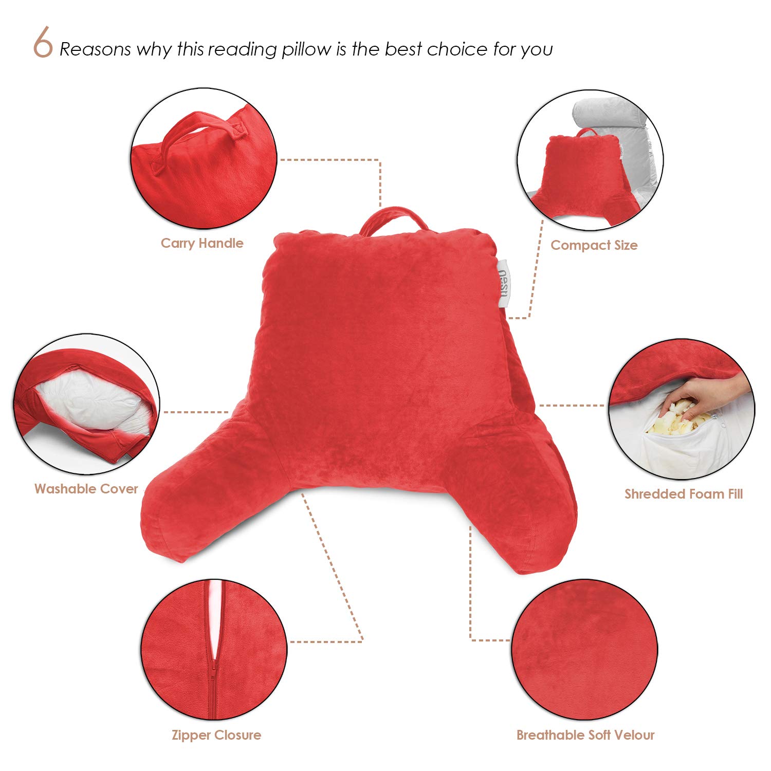 Nestl Reading Pillow - Shredded Memory Foam Back Support Pillow for Sitting in Bed, Reading, or Relaxing - Cherry Red Bed Chair Pillow with Pockets - Perfect for Reading, Watching TV, or Lounging in Bed