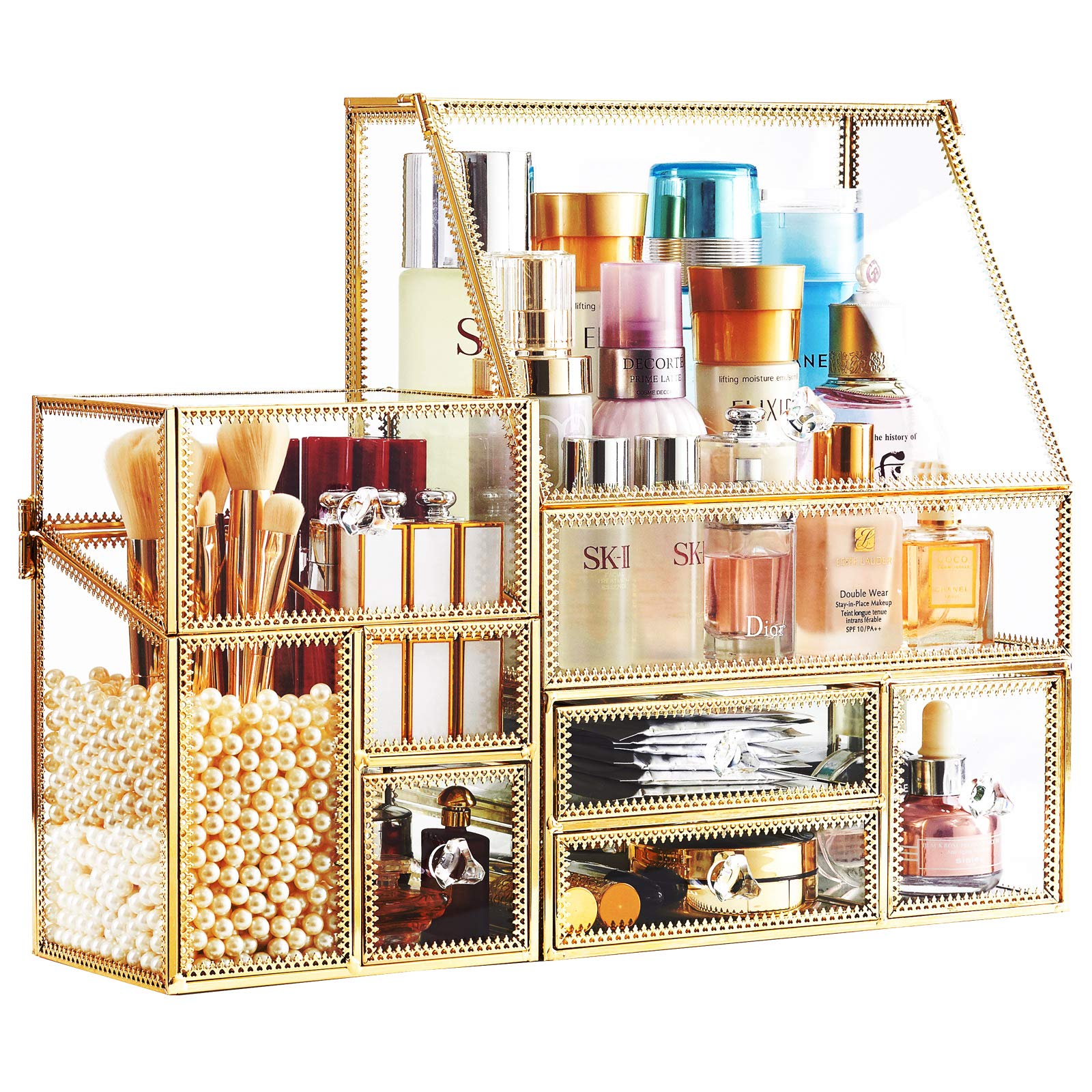 Stackable 3-Piece Glass Drawer Set - Antique Vanity Makeup Organizer with Mirror for Brushes, Lipsticks & Skincare | Countertop Cosmetic Storage Box | Beauty Display Holder for Toner & More | Free Pearl (Gold) - Perfect for Bedroom, Bathroom & Dressing Table Organization