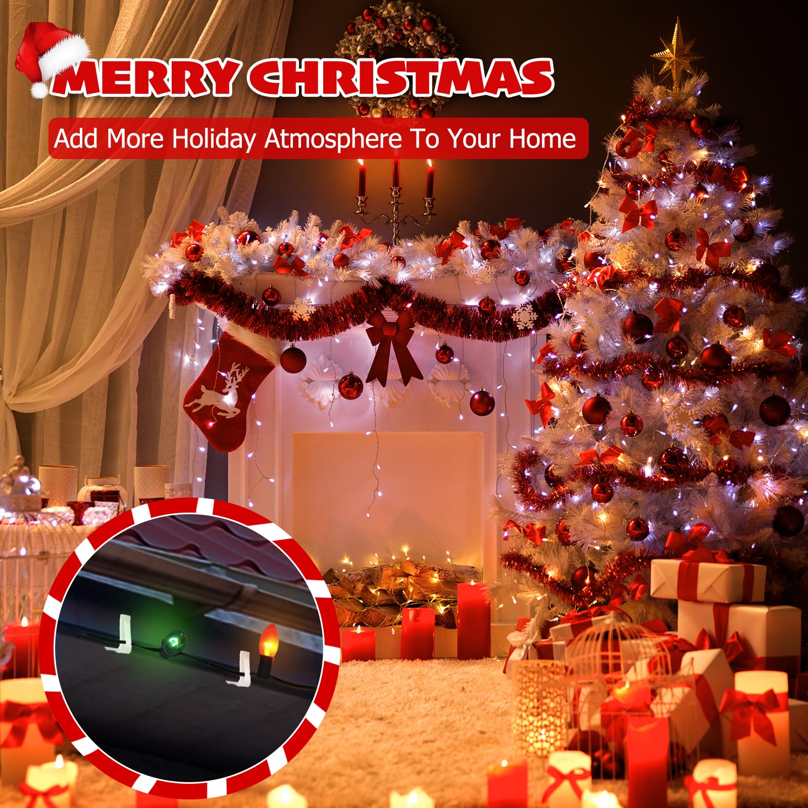 100 PCS White Plastic Christmas Light Hanger Clips for Fascia Board, Roof Gutter, Deck Banister & Fence (1 5/8