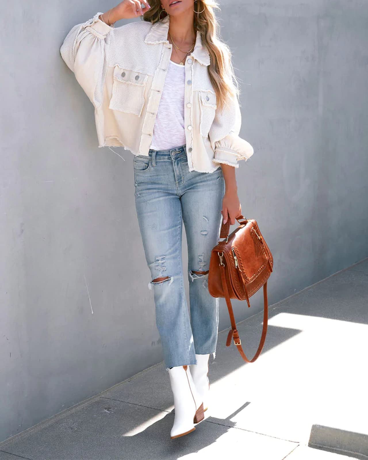Women's Cropped Waffle Knit Shacket - Denim Stitch Detail Button Down Long Sleeve Loose Jacket Top for Casual Outfits & Layering in Fall/Winter
