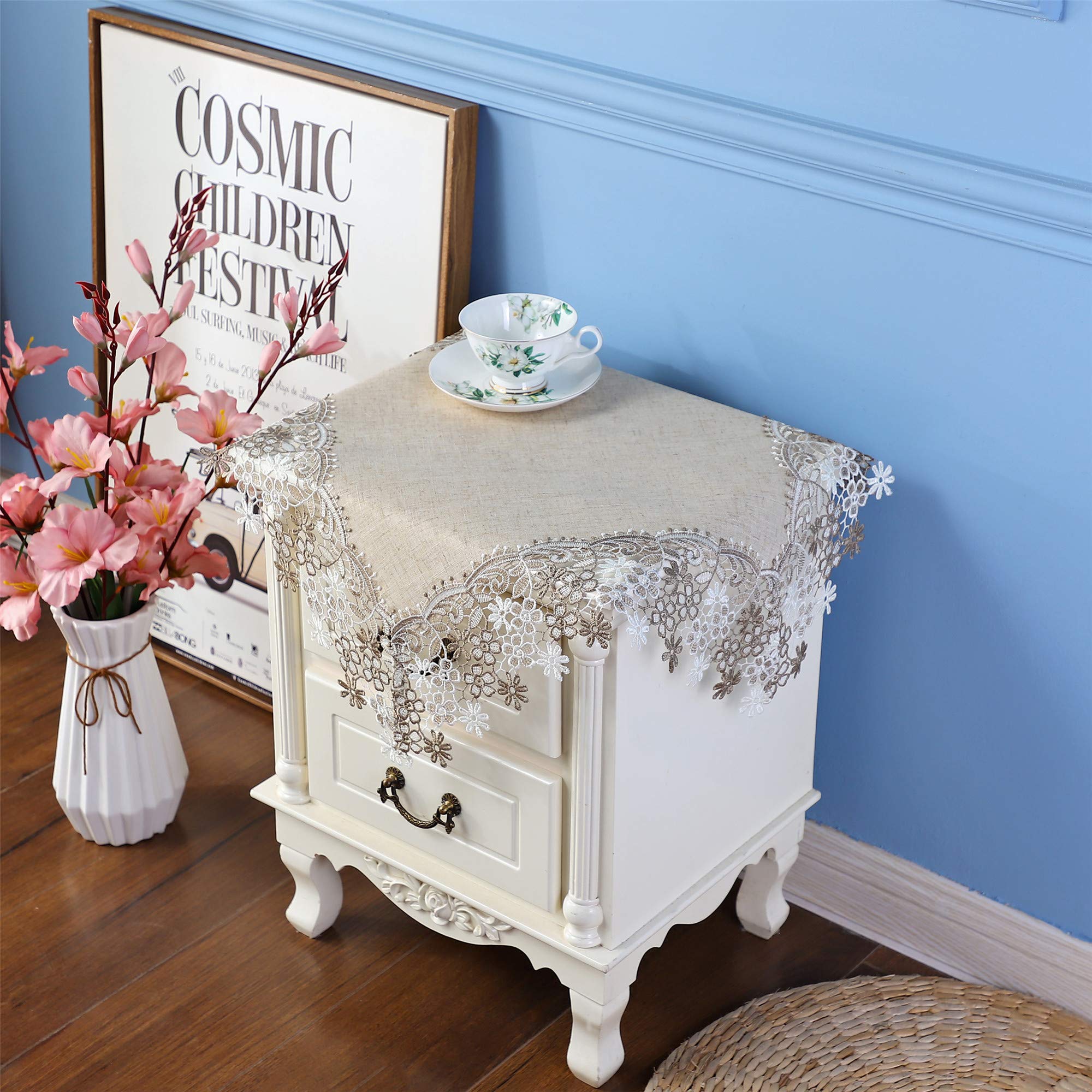 Premium Cotton Linen Tablecloth 23x23 Inches - Square Lace Flower Embroidery Grey Table Cover for End Tables, Side Tables & Cabinets | Elegant Home Decor for Dining Room, Living Room & Bedroom