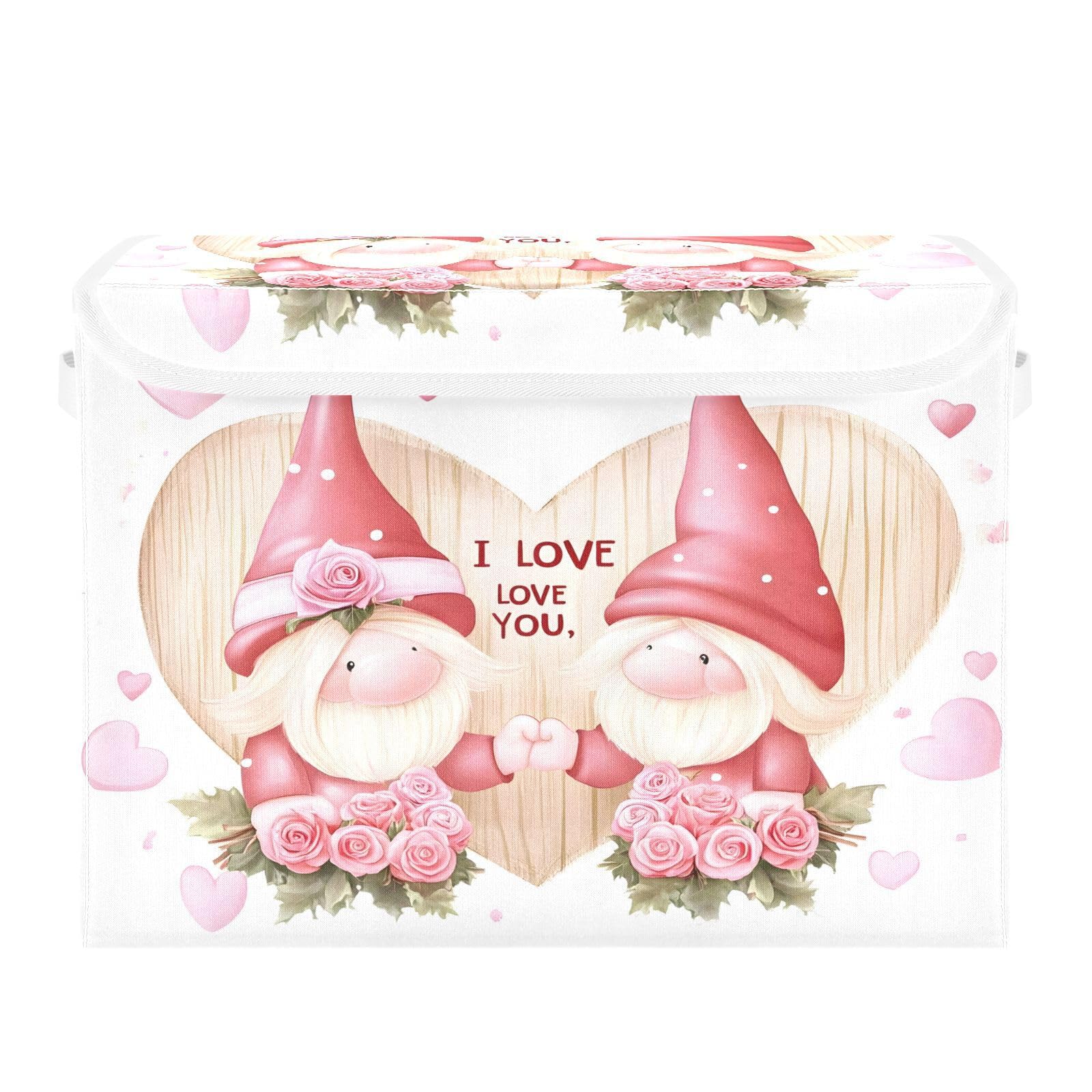 Rose Love Gnome Fabric Foldable Storage Bins with Lids - Collapsible Organizer Containers for Home, Bedroom, Closet & Office - Perfect for Seasonal Decor, Toy Storage & Clothes Organization