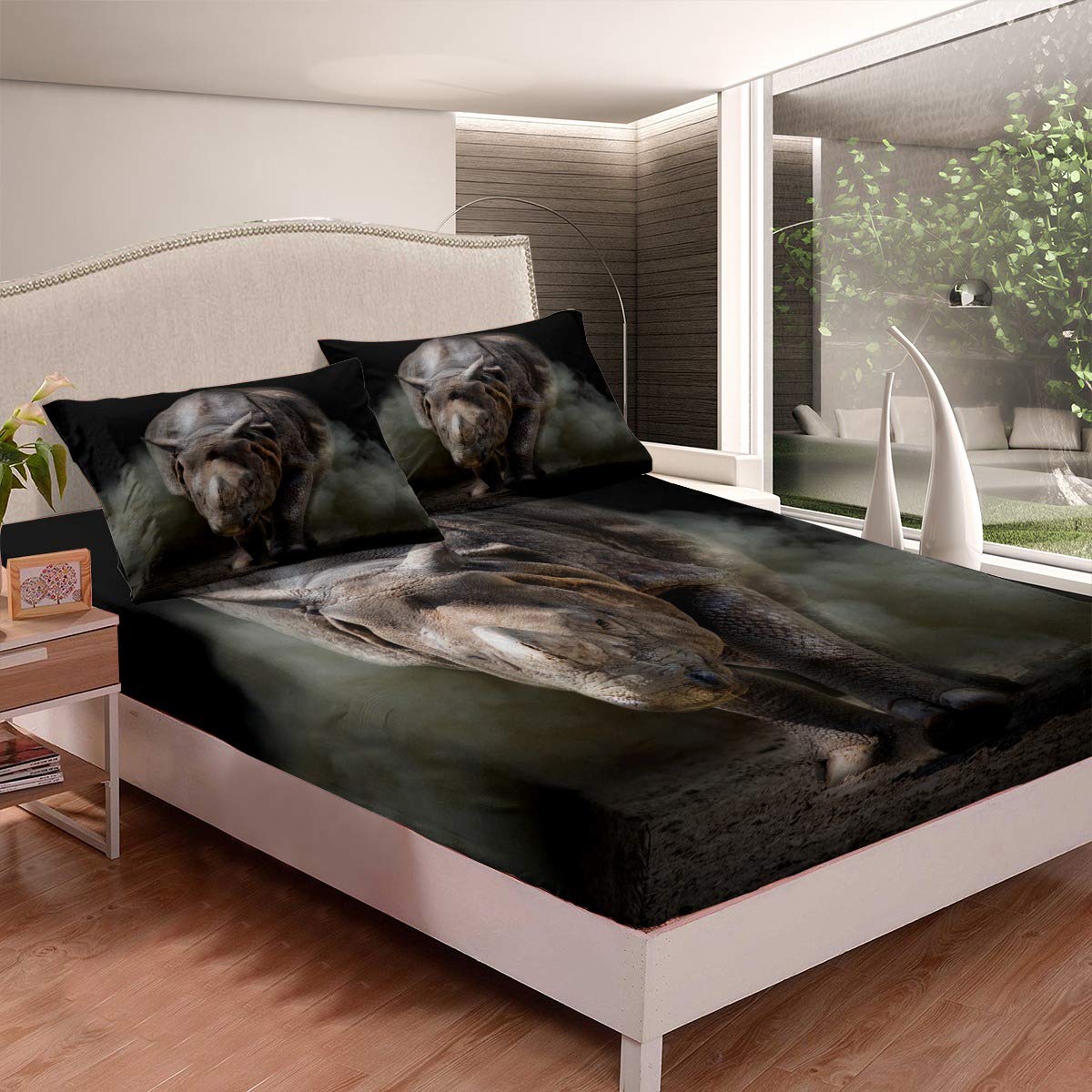 3D Rhinoceros Printed Twin XL Kids Bed Sheet Set - 2 Pieces (1 Fitted Sheet + 1 Pillowcase) for Boys & Girls | Fun Animal Pattern Bedding for Teen Rooms & Dorm Decor