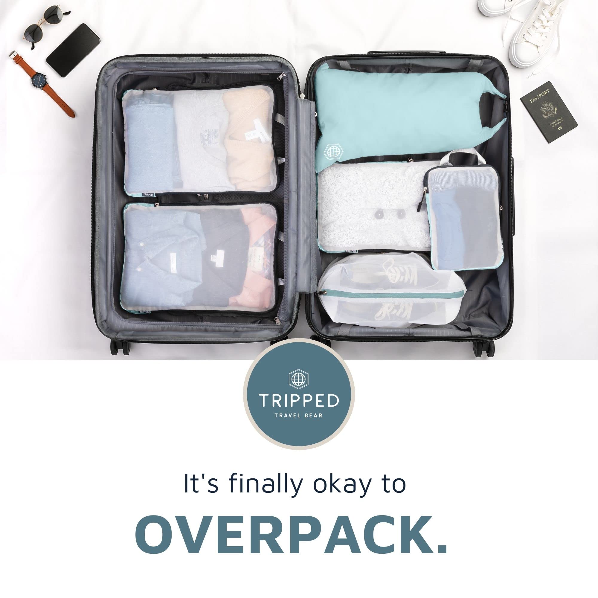 TRIPPED Travel Gear Large Packing Cube Set with Clear Mesh - 6-Piece Compression Travel Organizers for Suitcases | Perfect for Vacation, Business Trips & Backpacking