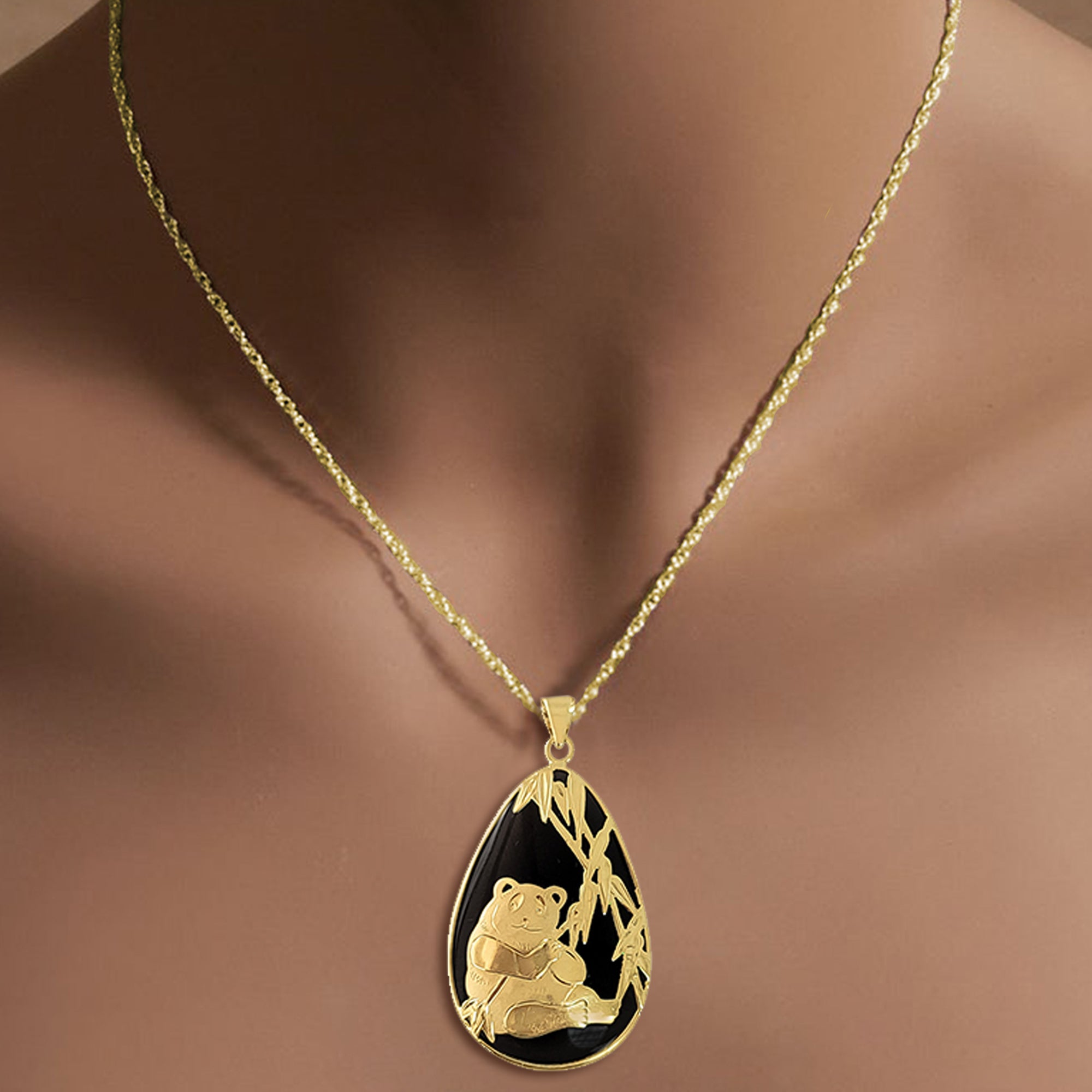 14K Yellow Gold Panda Design Pear Shaped Smoky Quartz Jade Necklace - Elegant Jewelry for Women, Perfect Gift for Birthday, Anniversary & Special Occasions