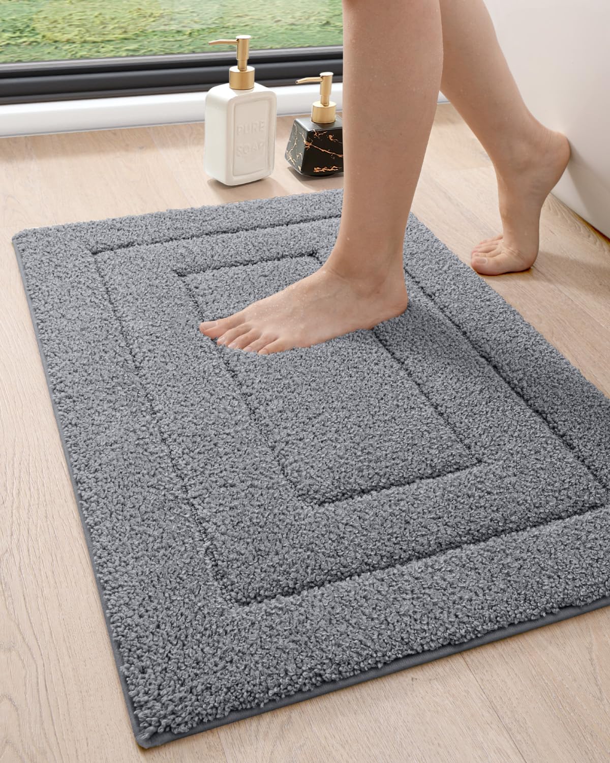 DEXI Non-Slip Bathroom Rug 36x24 Inch, Super Absorbent Quick Dry Shower Mat with Rubber Backing - Soft Washable Microfiber Bath Mat for Bathroom Floor, Grey - Perfect for Bathroom, Shower & Vanity Areas