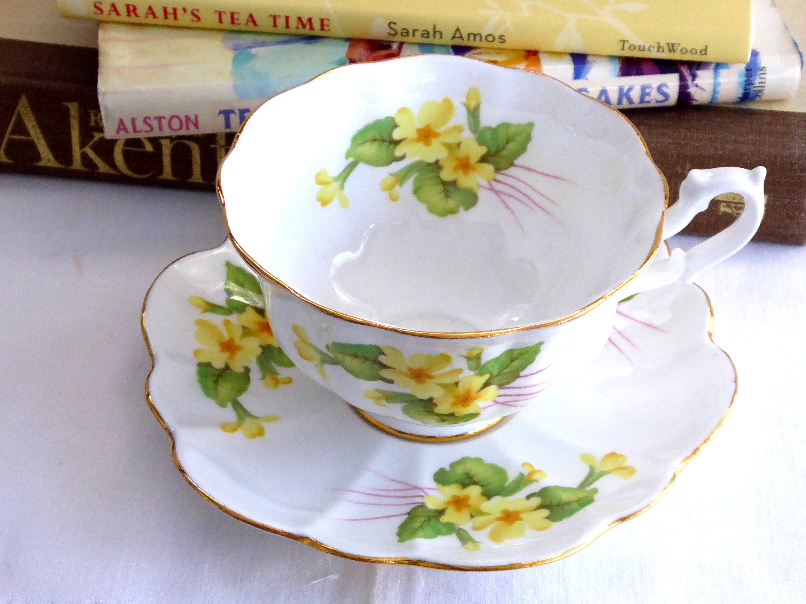 Vintage Shelley Primrose Atholl Thorn Shape Gold Trim Cup and Saucer Set - 1960s English Fine China for Afternoon Tea & Collectible Display