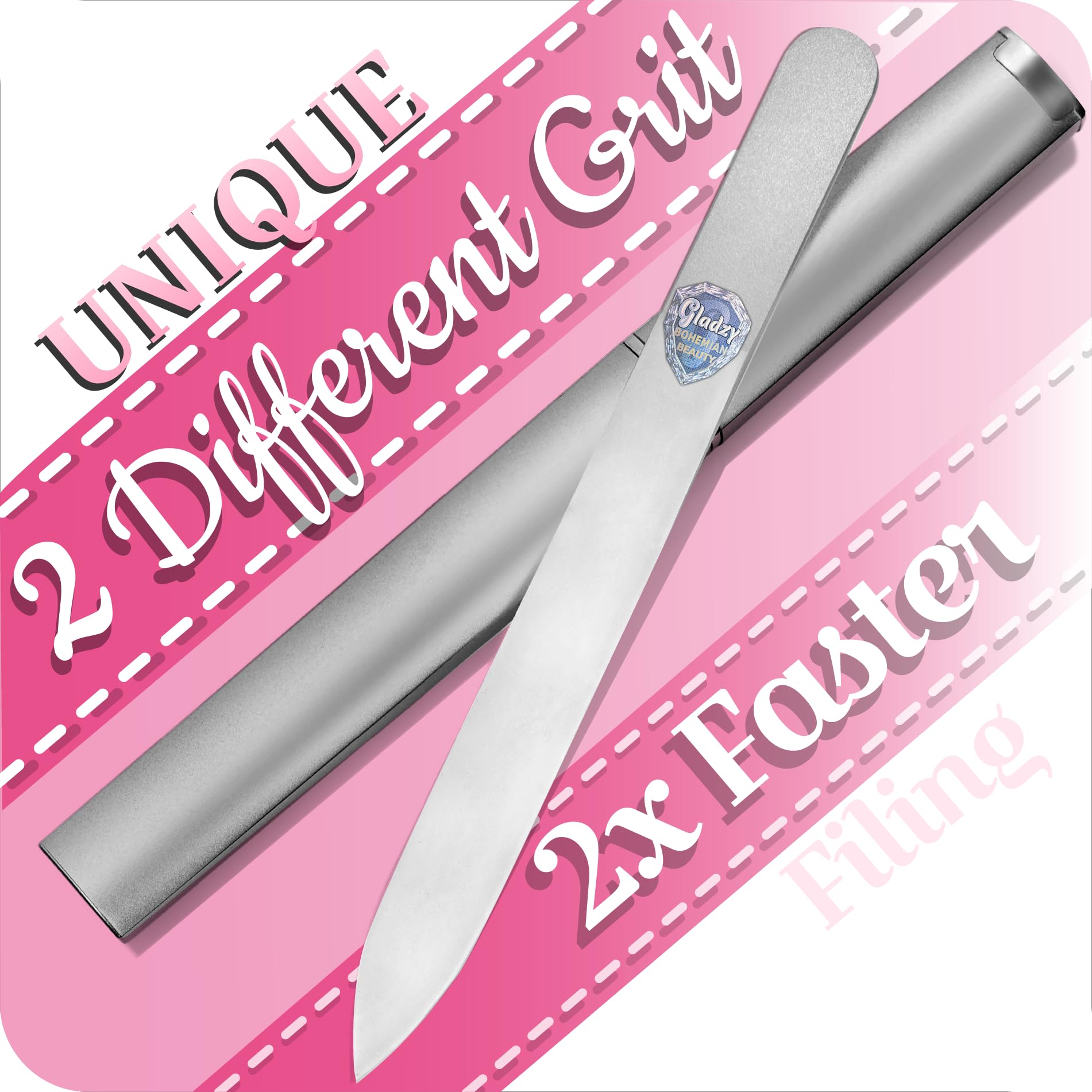 Premium GLADZY Czech Glass Nail File with Case - Double Sided Crystal Nail File for Natural Nails, Professional Manicure Tool with Different Grit Surfaces, Durable EU-Made Nail Shaper for Home & Salon Use