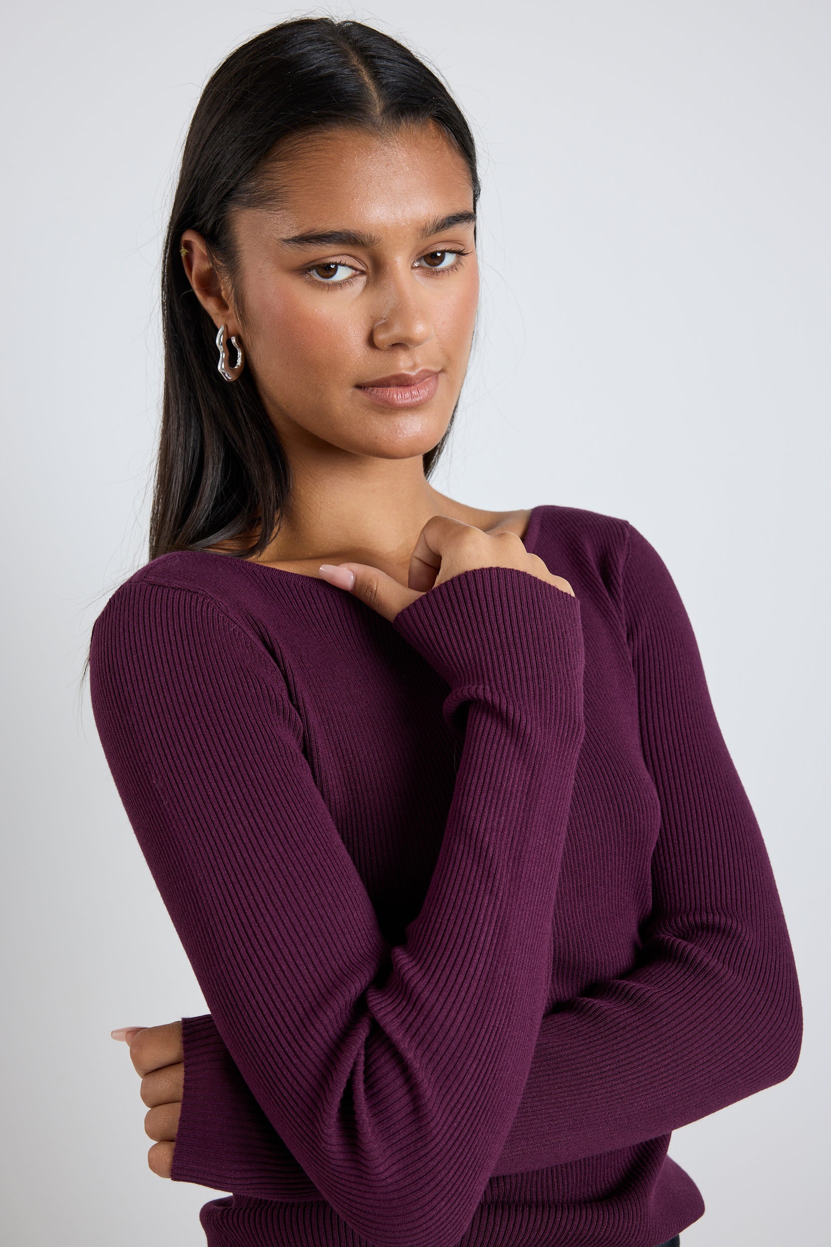 Burgundy Plum Long Sleeve Boatneck Ribbed Knit Top for Women - Casual Fall Outfit & Layering Essential