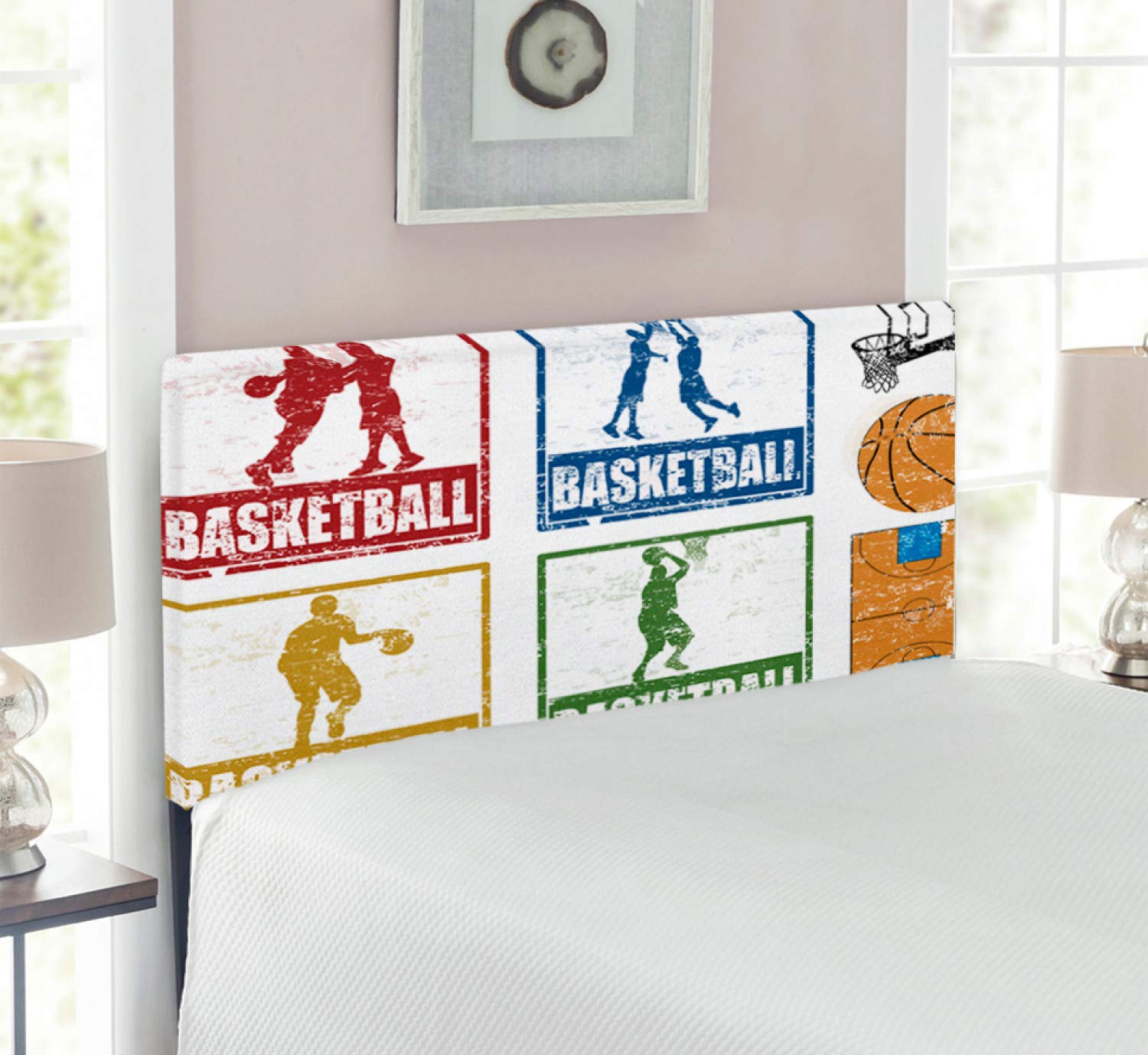 Vintage Style Basketball Headboard - Upholstered Metal Bed Frame with Memory Foam | Twin Size Navy Green & Red | Basketball Players Print Illustration | Perfect for Sports Themed Bedroom Decor & Teen Boys Room