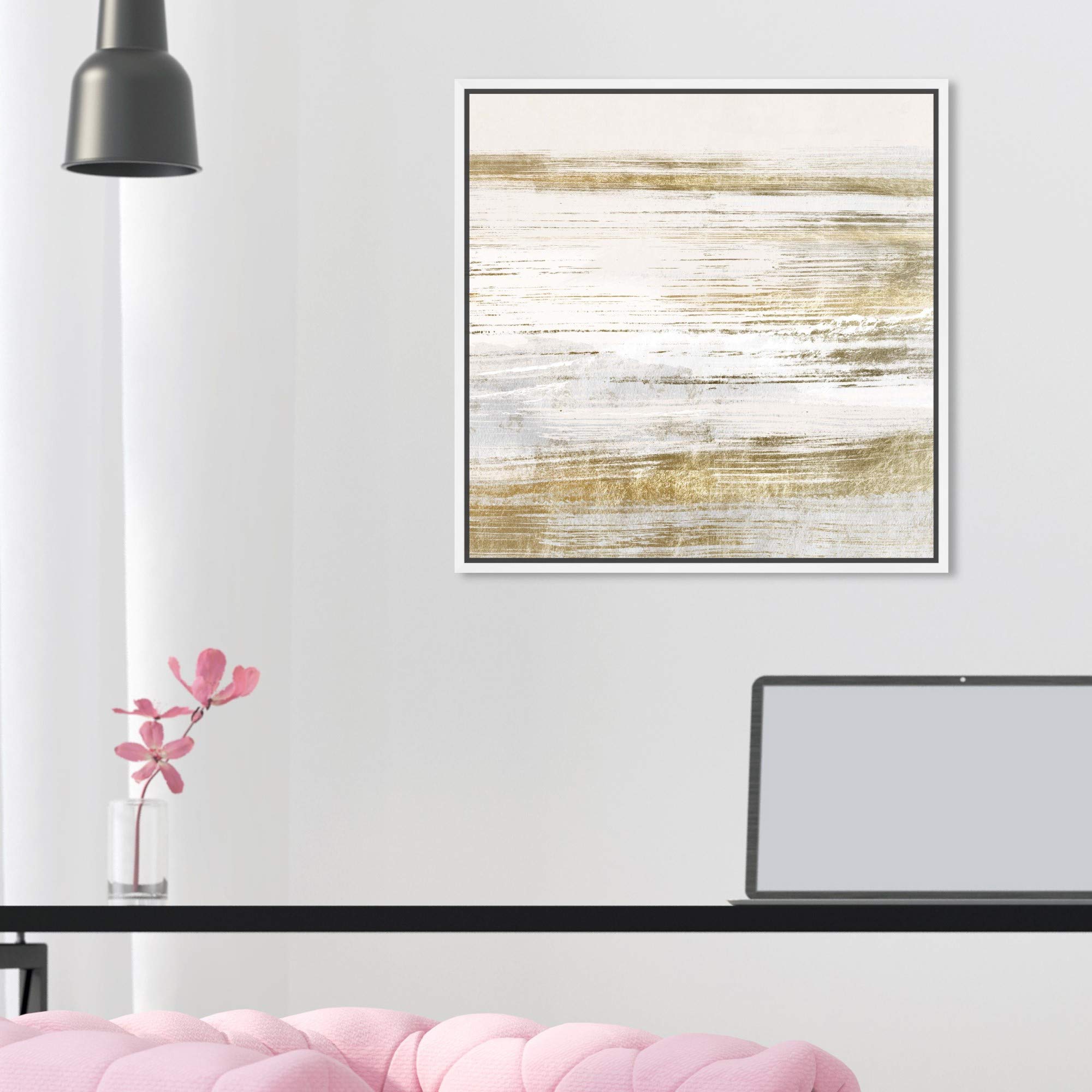 Abstract Wall Art Canvas Print 'Blush Romance Gold' - 16x16 Inch White Framed Home Decor Painting | Modern Living Room, Bedroom & Office Wall Decor