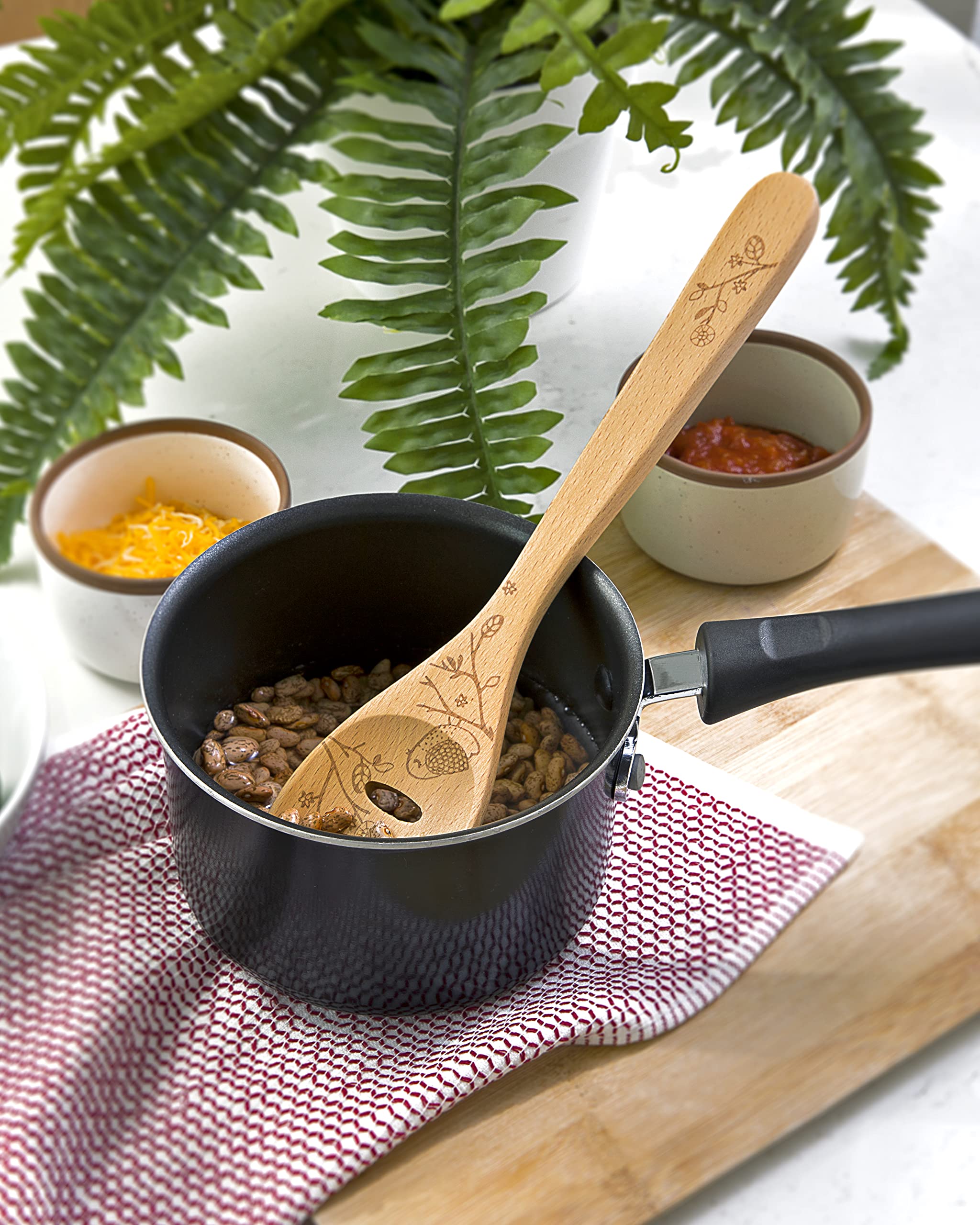 Laser Etched Beechwood Slotted Cooking Spoons - Handcrafted Wooden Utensils Set for Kitchen, Baking & Serving - Perfect for Cooking, Stirring & Food Presentation