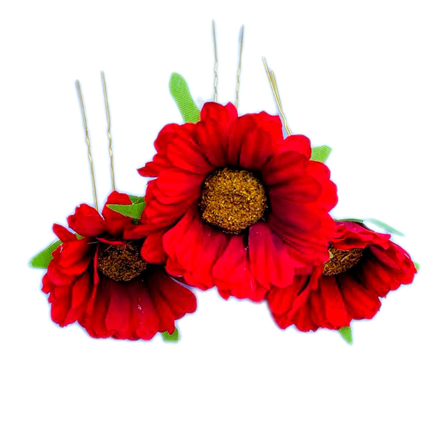 Sunflower Hair Pins for Women - 4 Pack Red Floral Hair Clips for Styling, Bun Decoration & Bridal Accessories - Perfect for Weddings, Parties & Everyday Wear