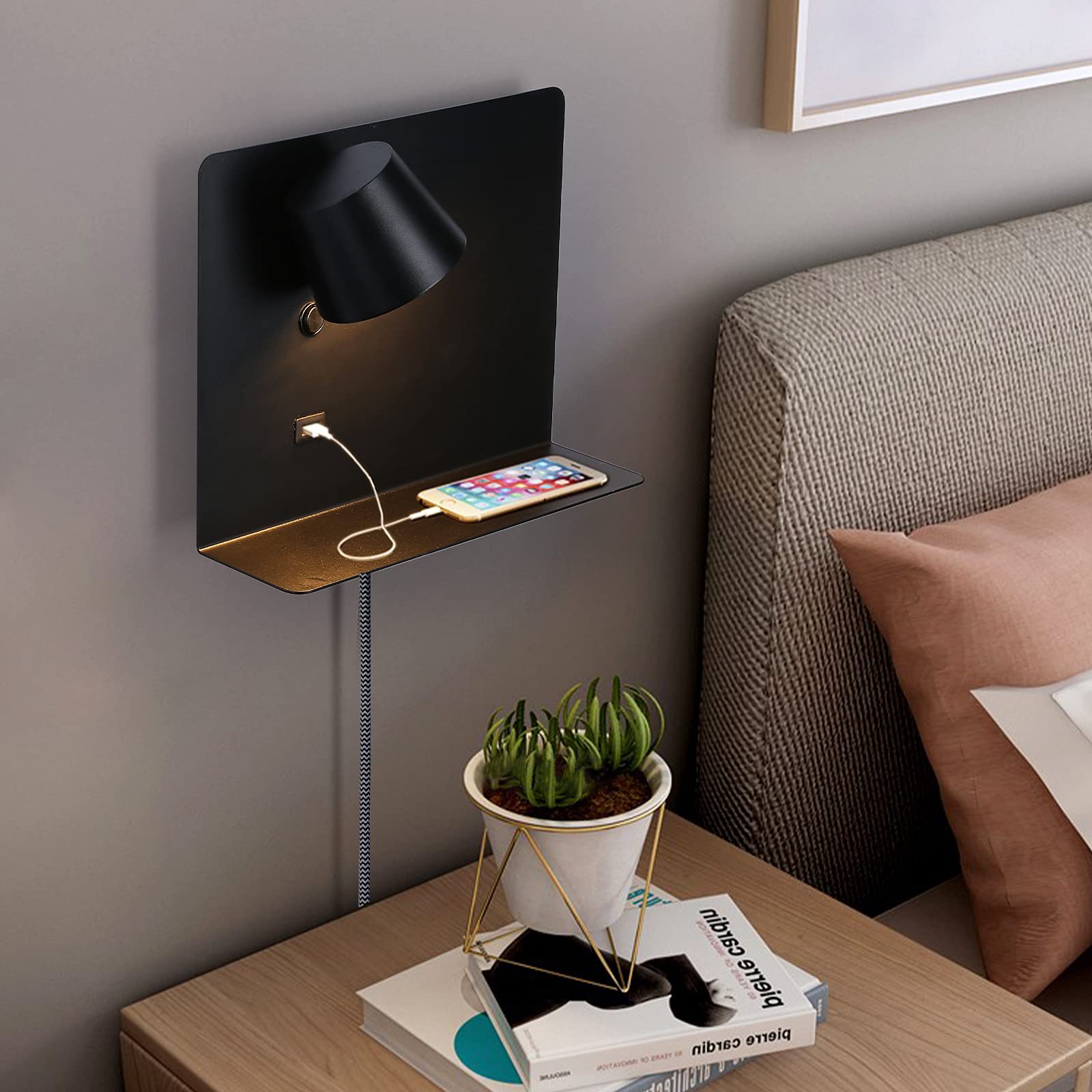 USB Wall Sconce with Shelf - LED Reading Light for Bedroom & Living Room - Black 11
