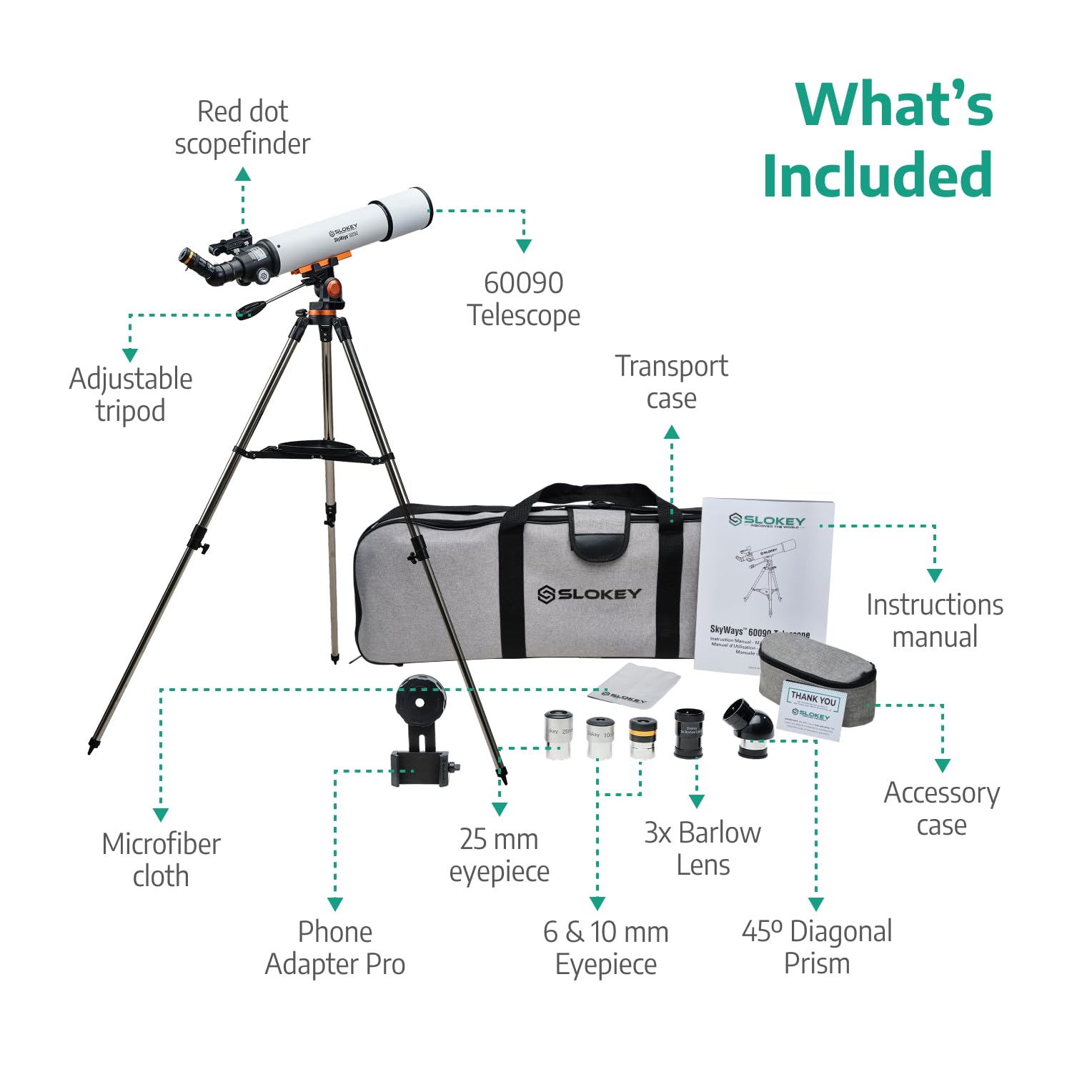 Slokey 60090 Astronomical Refractor Telescope 24x-300x Magnification - Portable & Powerful Travel Telescope for Adults & Beginners - Perfect for Moon Viewing, Planet Observation & Stargazing - Ideal for Camping, Hiking & Outdoor Adventures