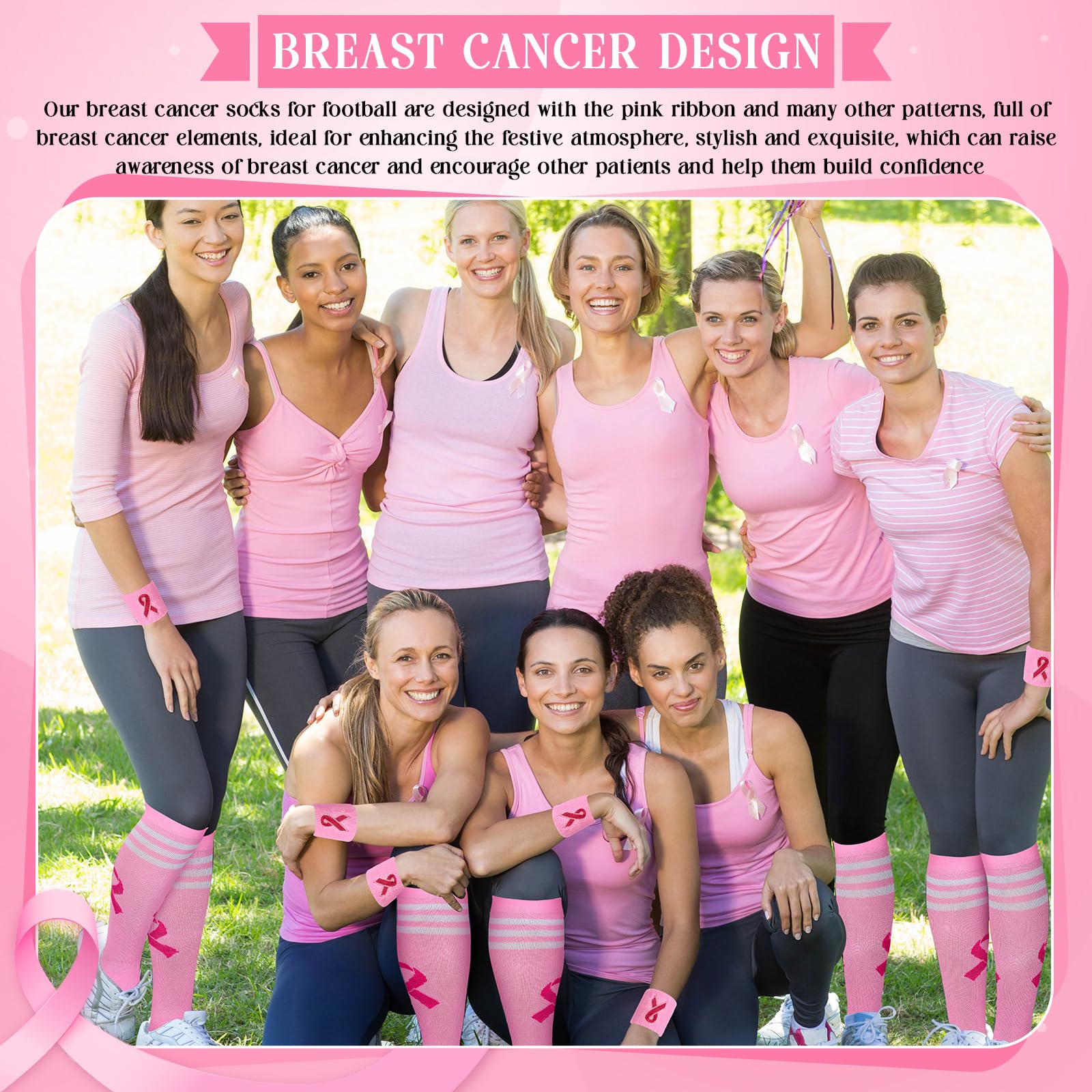 Pink Ribbon Socks & Wristbands Set for Breast Cancer Awareness - Unisex Knee-High Athletic Socks for Women & Men - Perfect for Running, Workouts & Charity Events