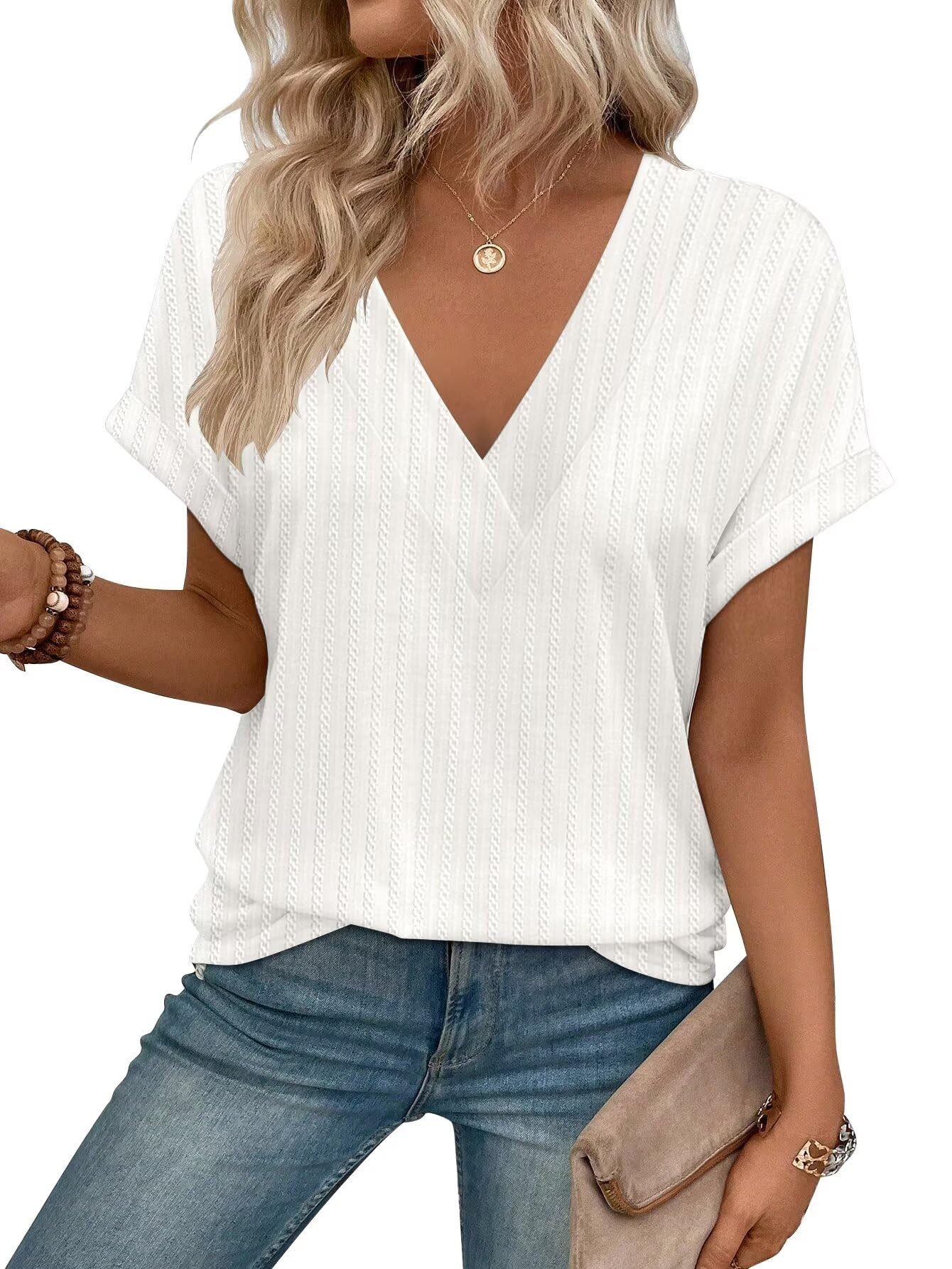 KKJ Women's V-Neck Textured Short Sleeve T-Shirt - Loose Fit Casual Cute Top for Spring Summer 2025 | Trendy Outfit for Everyday Wear, Date Nights & Weekend Getaways