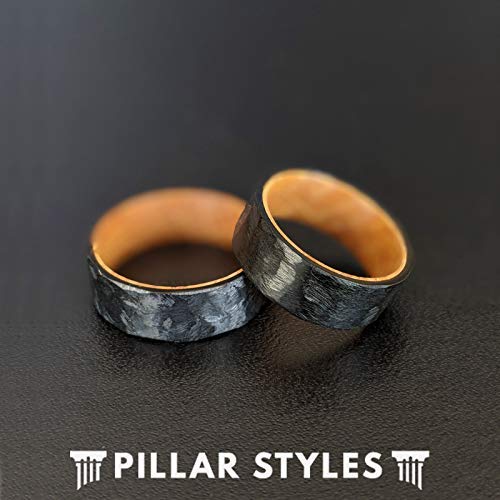 8mm Titanium Whiskey Barrel Wedding Band for Men - Hammered Black Wooden Ring - Unique Wood & Metal Mens Jewelry - Perfect for Grooms, Anniversaries & Whiskey Lovers