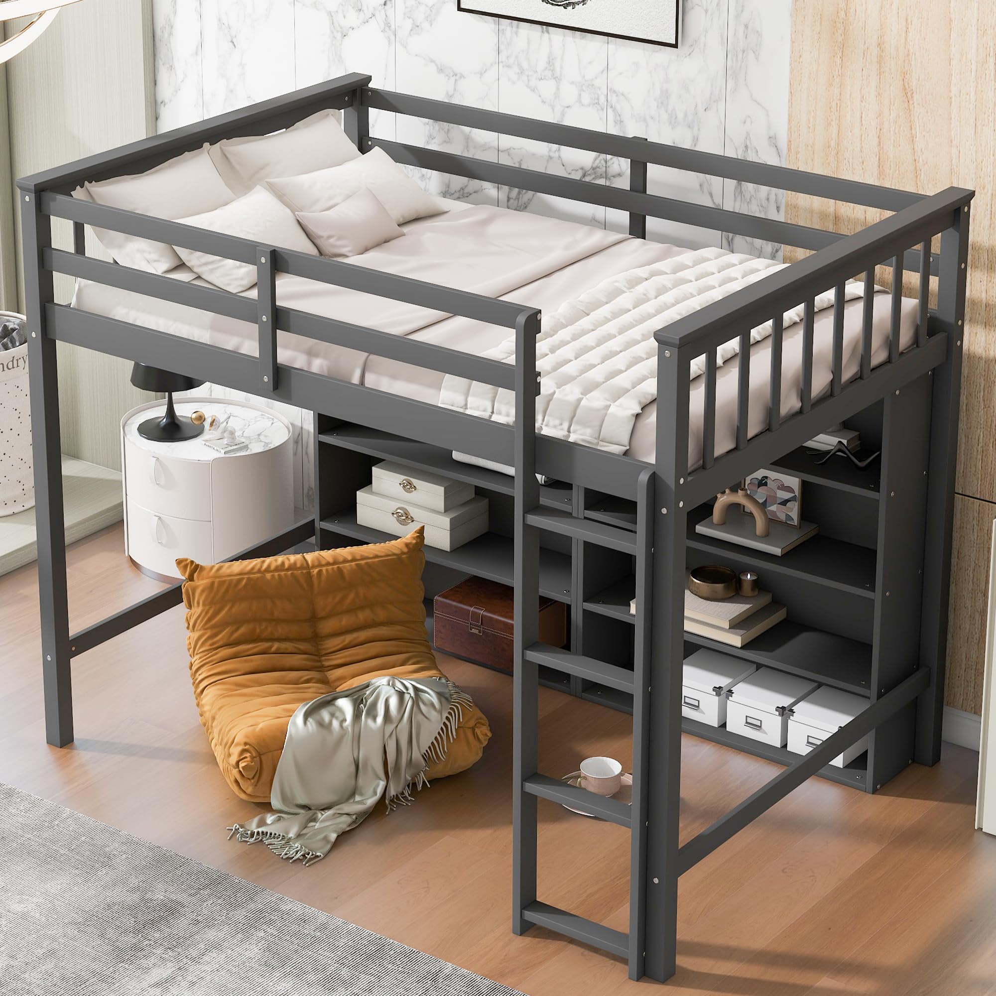 SOFTSEA Twin Size Loft Bed with Storage Shelves & Bookcase - Solid Wood High Loft Bed Frame with Underbed Space & Ladder - Perfect for Kids, Boys, Girls & Teens Bedroom - Space-Saving Grey Loft Bed for Small Rooms, Dorms & Apartments