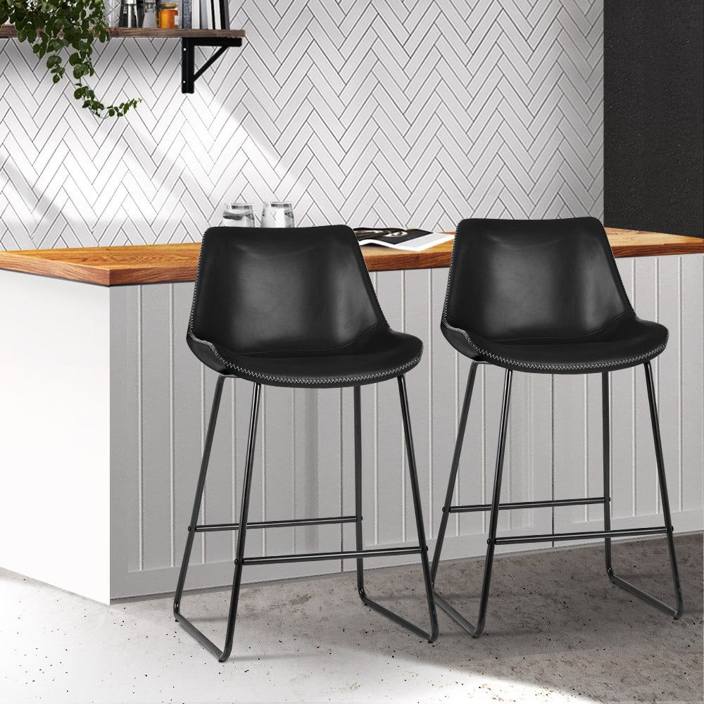 2 Black Leather & Metal Bar Stools for Kitchen Counter - Modern Dining & Breakfast Nook Seating