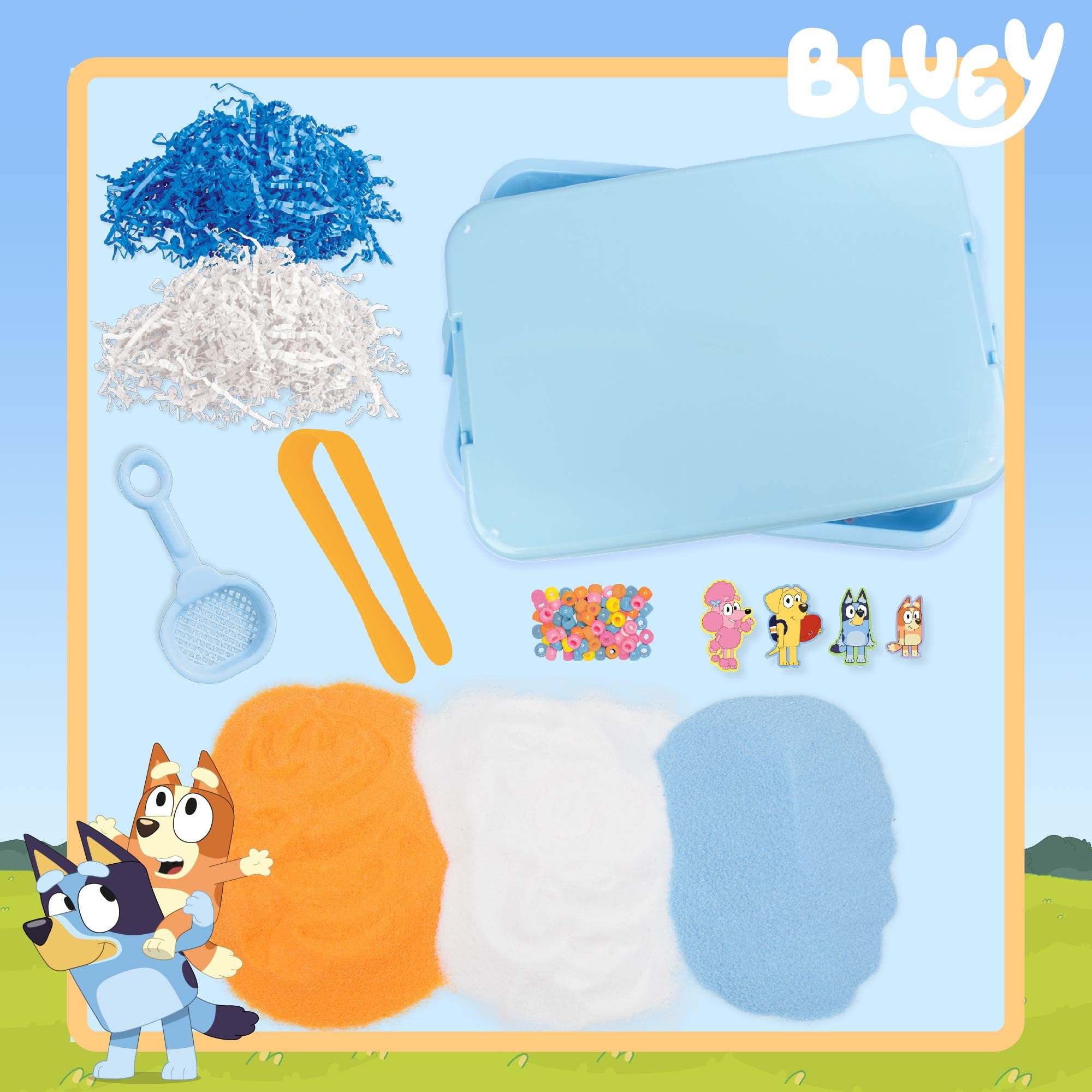 Official Bluey Seek & Find Sensory Bin - Ready-to-Use Sensory Toys for Kids Ages 3-4 with Lid, Play Sand, Scoops & Tongs | Exclusive Bluey Character Toys | Perfect for Preschool Learning, Fine Motor Skills Development & Sensory Play Activities at Home or Classroom