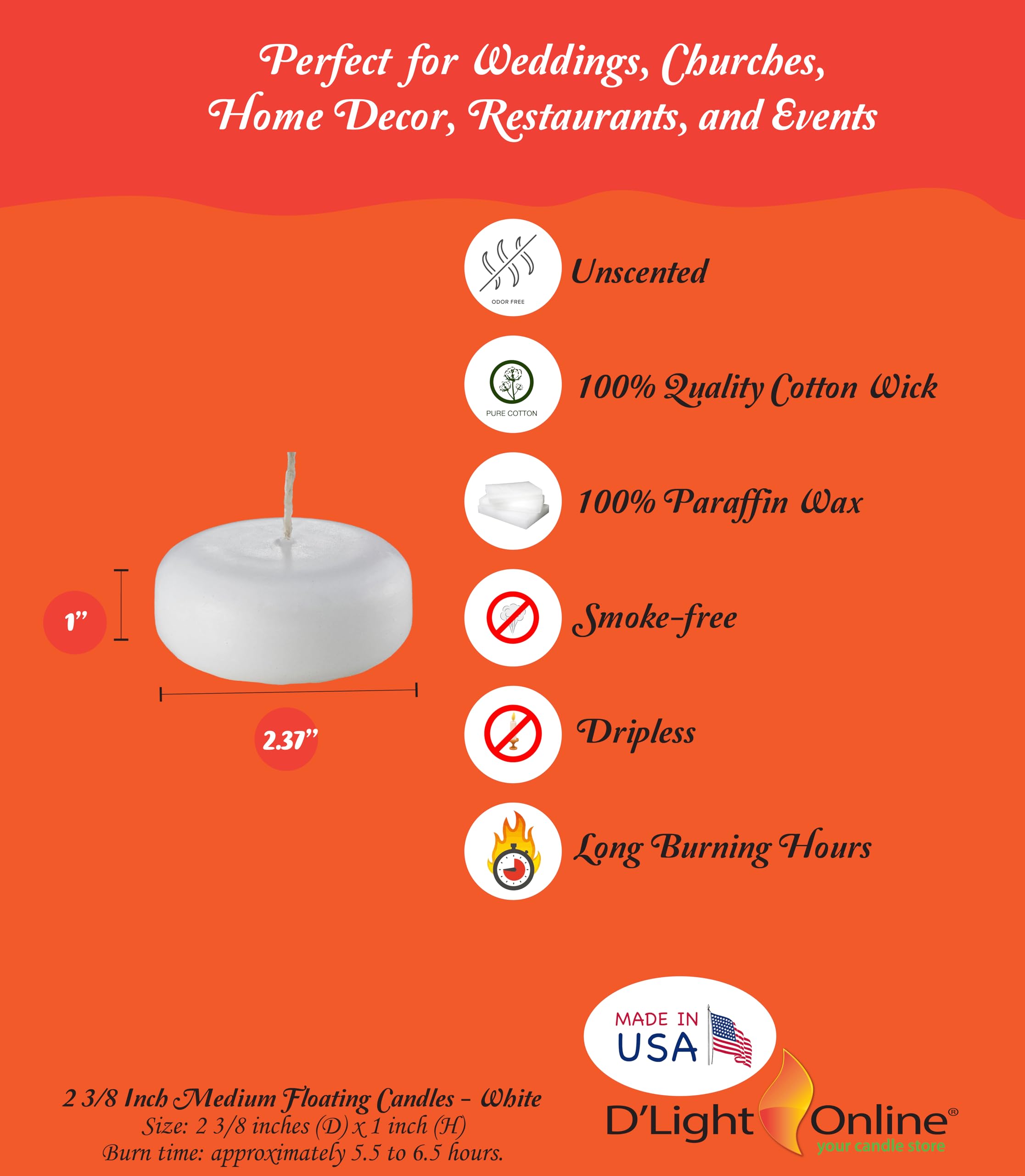 D'light Online Medium White Floating Candles 2 3/8 Inch - Bulk Pack of 96 for Weddings, Spa, Home Decor, Special Occasions & Holidays - Perfect for Centerpieces, Bathtubs, Pools & Romantic Ambiance