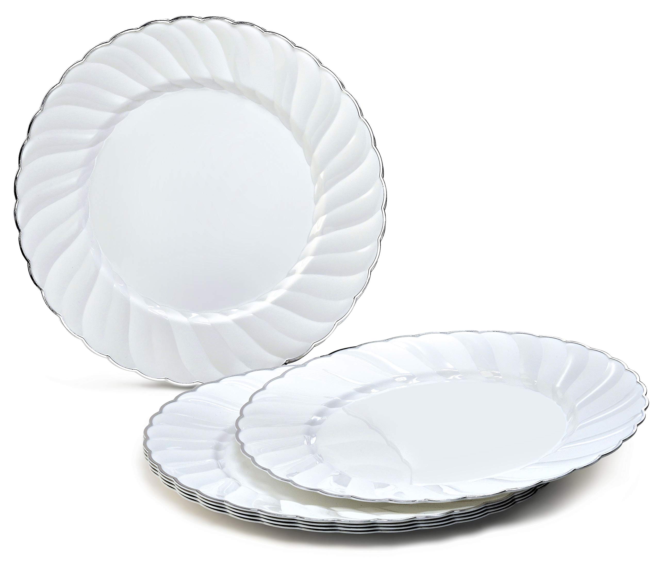 240-Pack Heavyweight Disposable Plastic Plates for Weddings & Parties - 10.25'' Elegant White & Silver Dinner Plates - Perfect for Bridal Showers, Banquets & Special Events