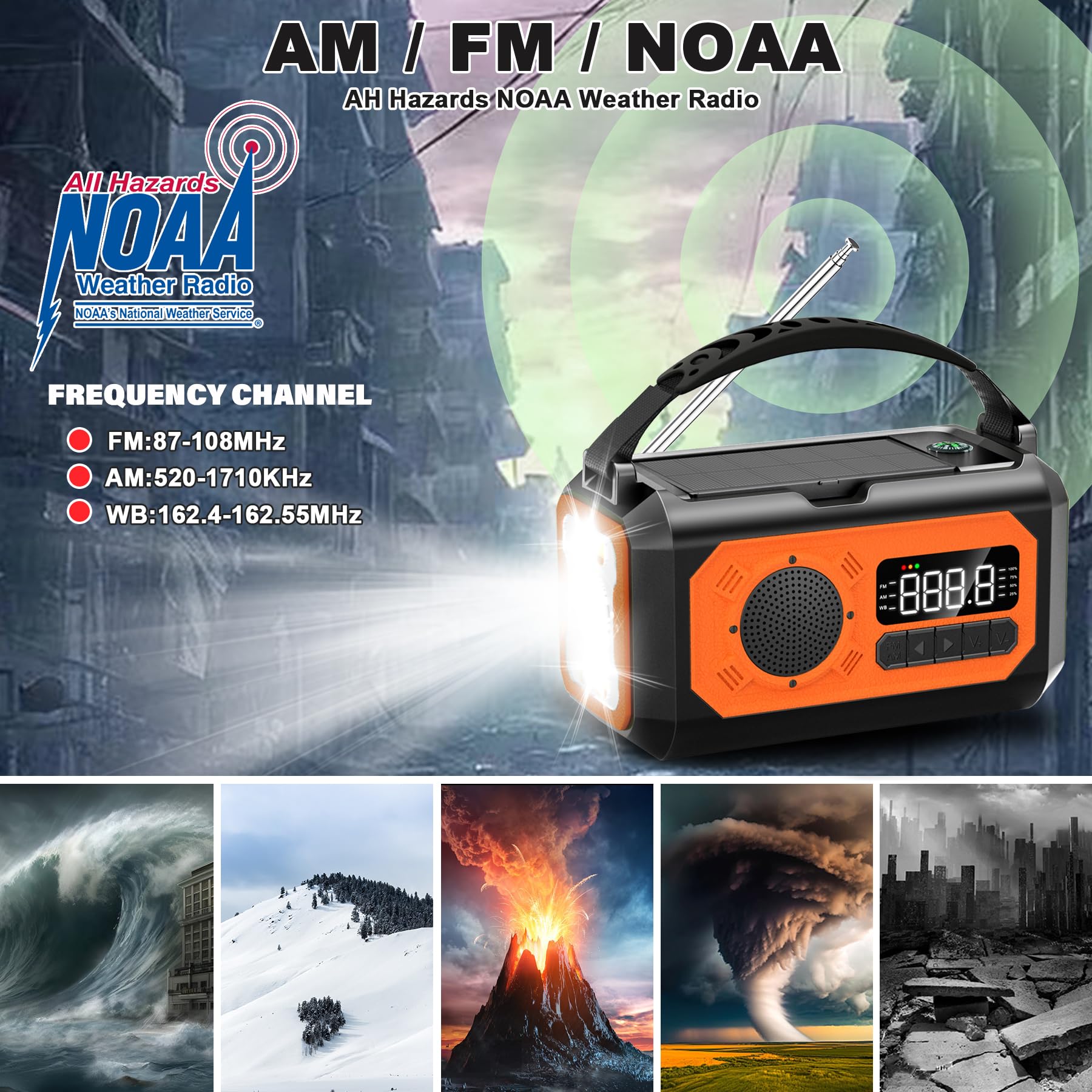 12000mAh Solar Hand Crank Emergency Weather Radio - AM/FM/NOAA Portable Radio with Flashlight, Reading Lamp, SOS Alarm, Compass & Power Bank for Outdoor Camping, Hiking, Survival & Emergency Preparedness