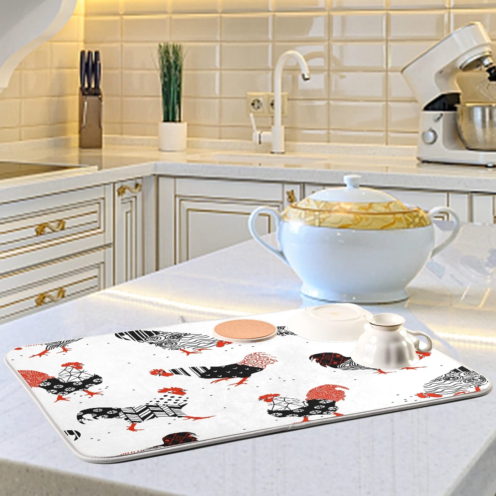 Rooster Plaid Dish Drying Mat 18x24 Inch - Absorbent Microfiber Kitchen Counter Protector for Home Decor
