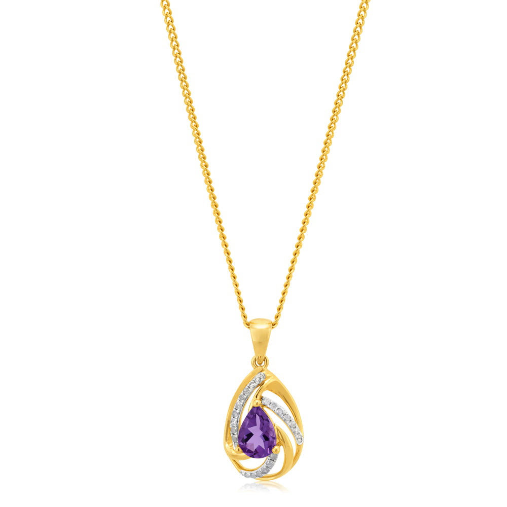 9ct Yellow Gold Amethyst Pendant with Diamonds | Elegant Purple Gemstone Necklace for Women | Perfect for Valentine's Day, Anniversary & Special Occasion Gifts