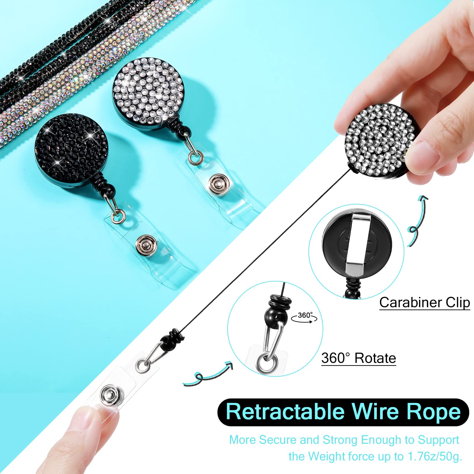 Rhinestone Bling Lanyards for ID Badges - Retractable Keychain for Women Office & Travel