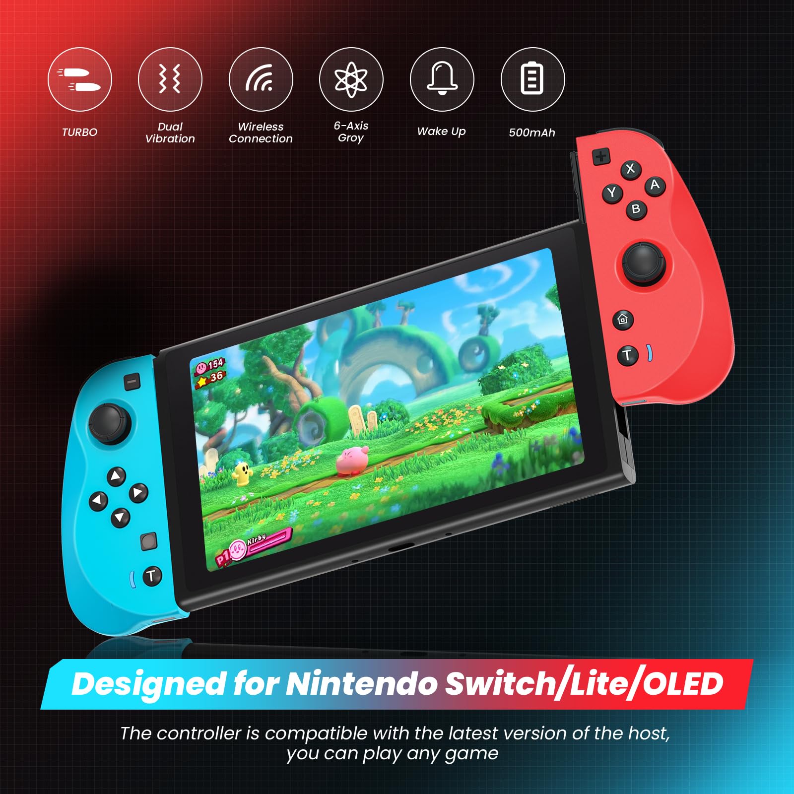 Wireless Switch Controller for Nintendo Switch/Lite/OLED - Dual Vibration, Turbo, Screenshot & Wake-up Function (Blue & Red) - Perfect for Gaming, Travel & Family Entertainment