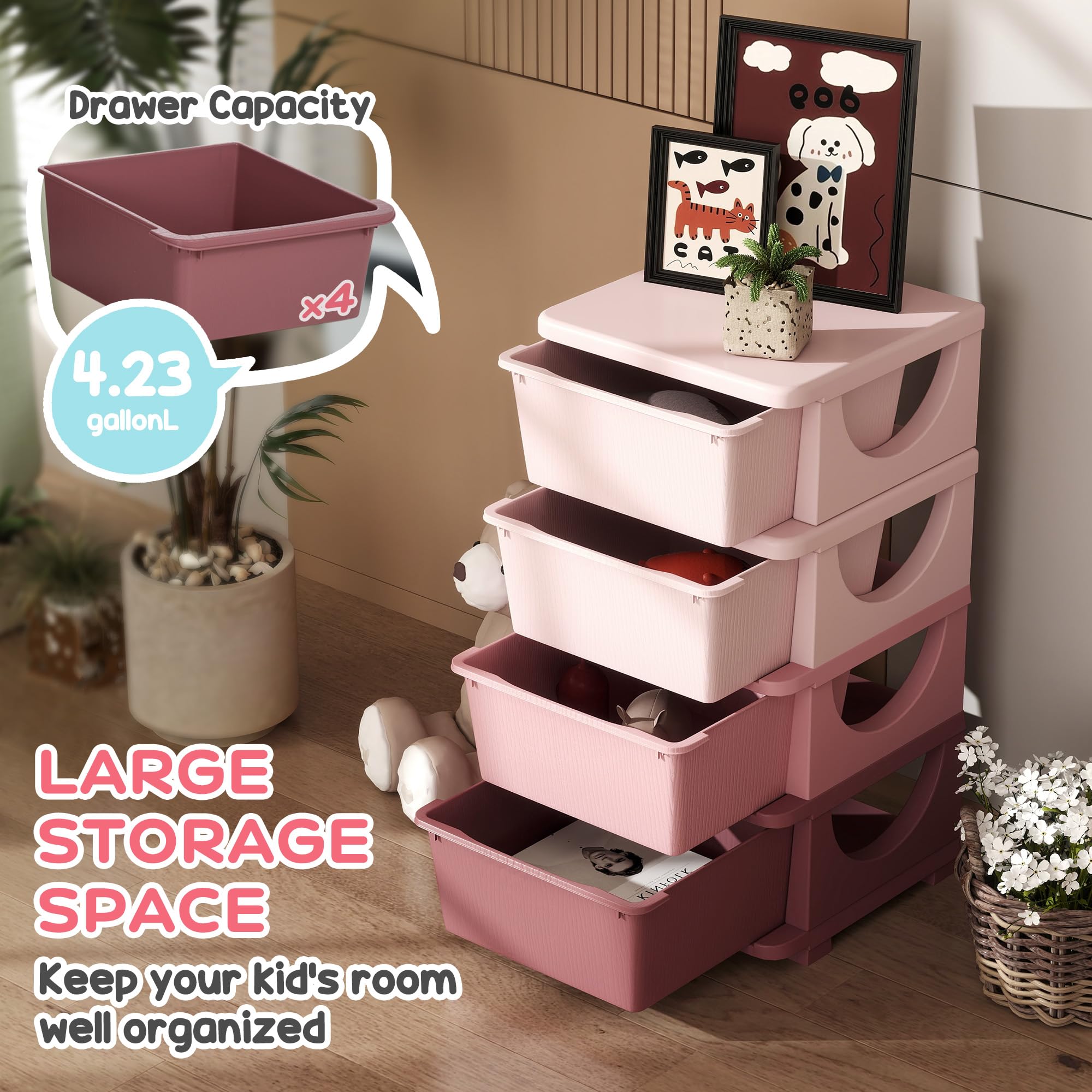 Qaba 4-Tier Kids Storage Unit with 4 Drawers - Toy Organizer with Plastic Bins for Bedroom, Nursery & Kindergarten - Space-Saving Storage Solution for Boys, Girls & Toddlers (Pink) - Perfect for Organizing Toys, Books & Clothes in Kids' Rooms & Play Areas