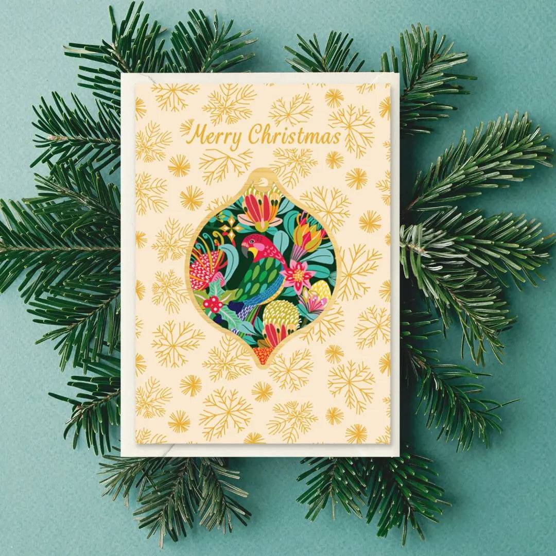 Australian Christmas Card & Rosella Bauble - Handmade Holiday Greeting Cards with Native Bird Ornaments for Christmas Tree Decorations & Festive Gifting