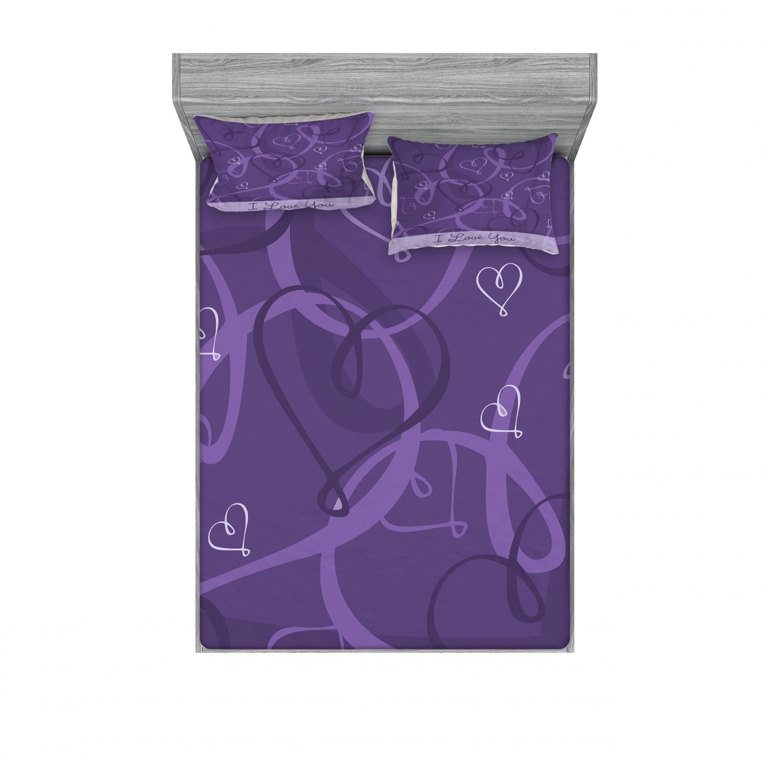 Ambesonne Romantic 2-Piece King Size Bedding Set - Indigo Purple Hearts Design, Includes 2 Fitted Sheets & 4 Pillow Shams (Eggplant Purple) | Luxurious Bedroom Decor for Master Suite, Guest Room & Dorm | Soft & Wrinkle-Resistant Microfiber Sheets