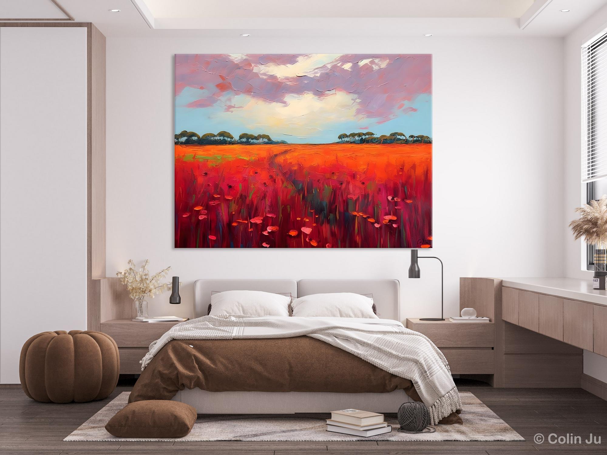 Abstract Acrylic Landscape Canvas Painting - Red Poppy Flower Field Wall Art for Living Room Decor | Modern Home & Office Wall Decor