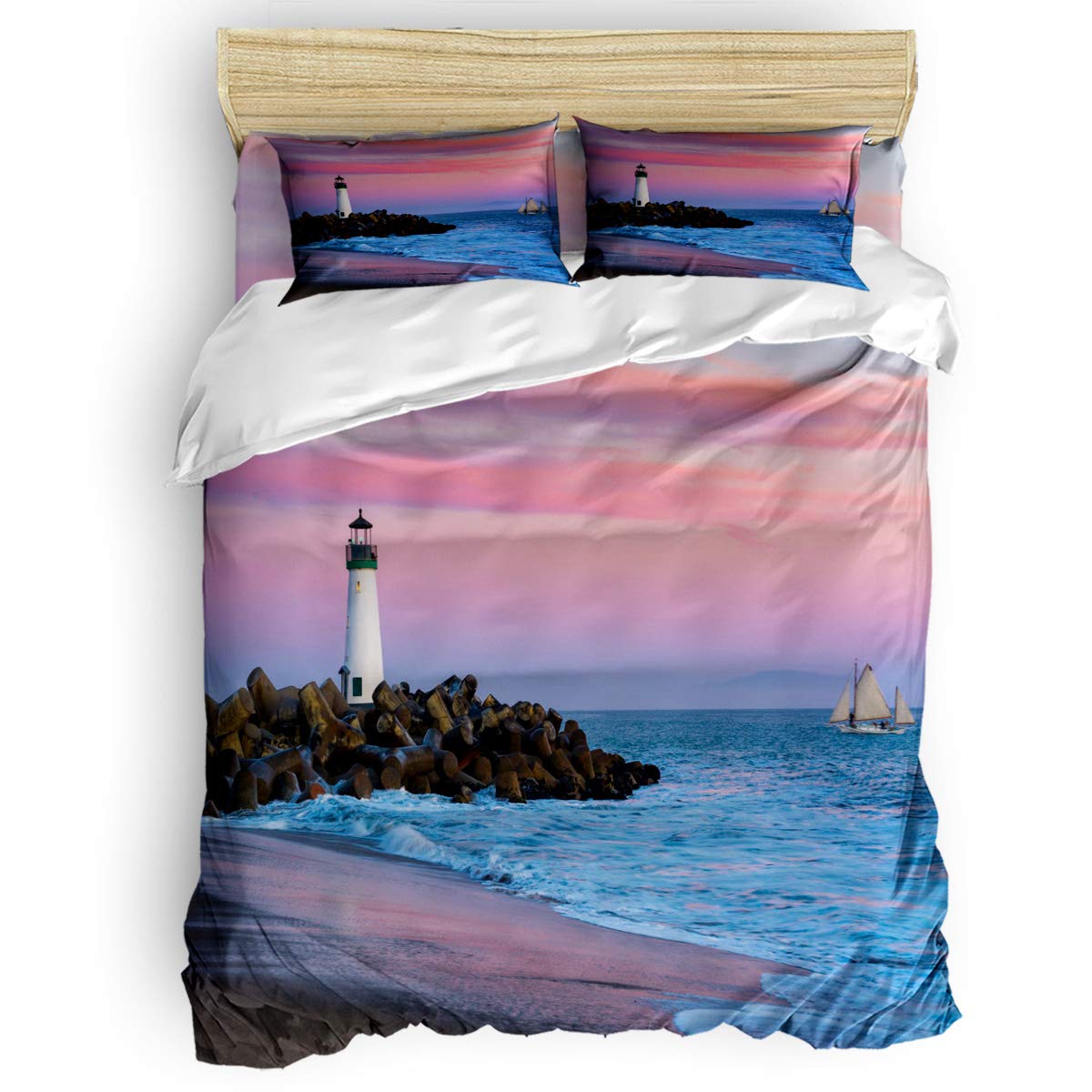 King Size Duvet Cover Set - Sunset Watchtower by the Sea, 4-Piece Microfiber Lightweight Bedding Set with Zipper Closure, Soft Comforter Cover + Fitted Sheet + 2 Pillowcases - Perfect for Coastal Themed Bedrooms & Guest Room Decor