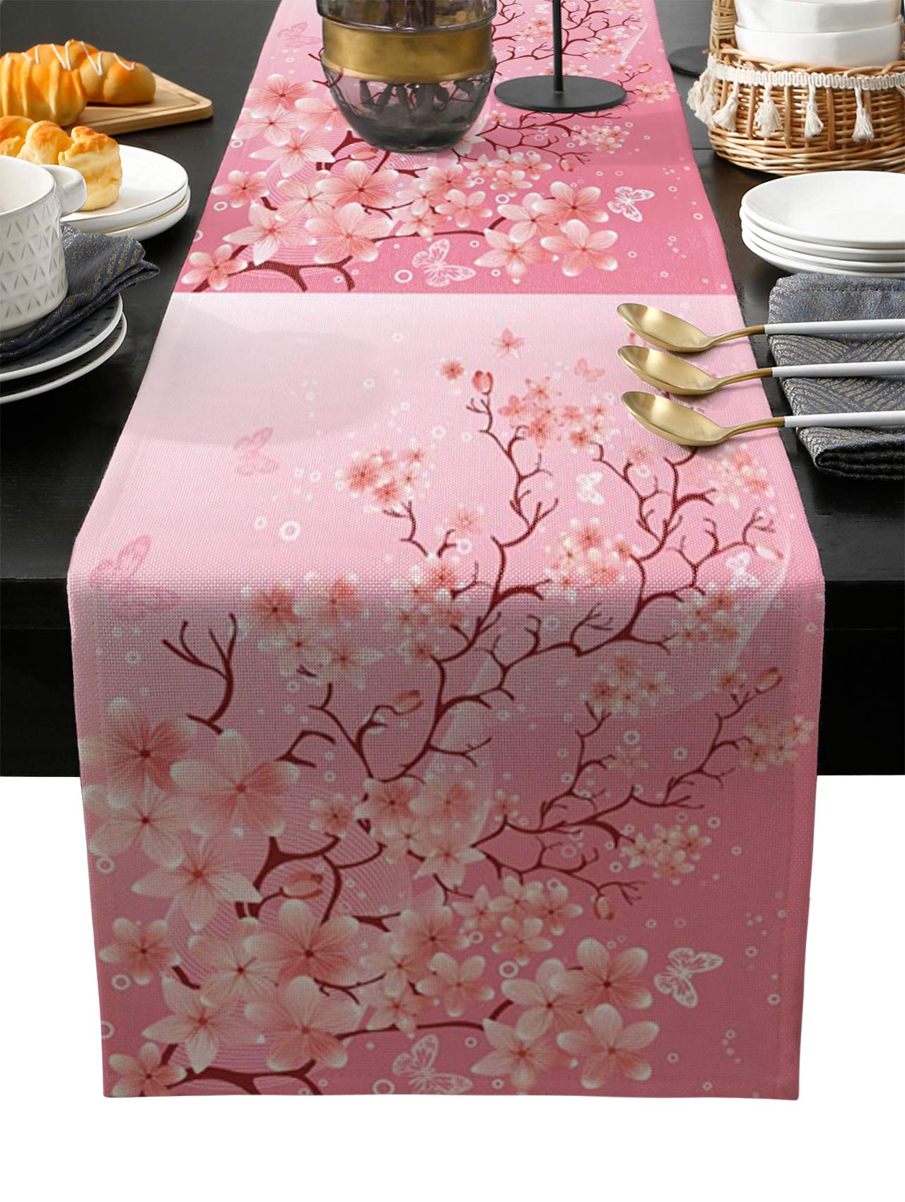 90 Inch Pink Cherry Blossom Burlap Table Runner with Floral Butterfly Design - Elegant Bed Runner, Dresser Scarf for Indoor/Outdoor Weddings, Parties & Home Decor (13
